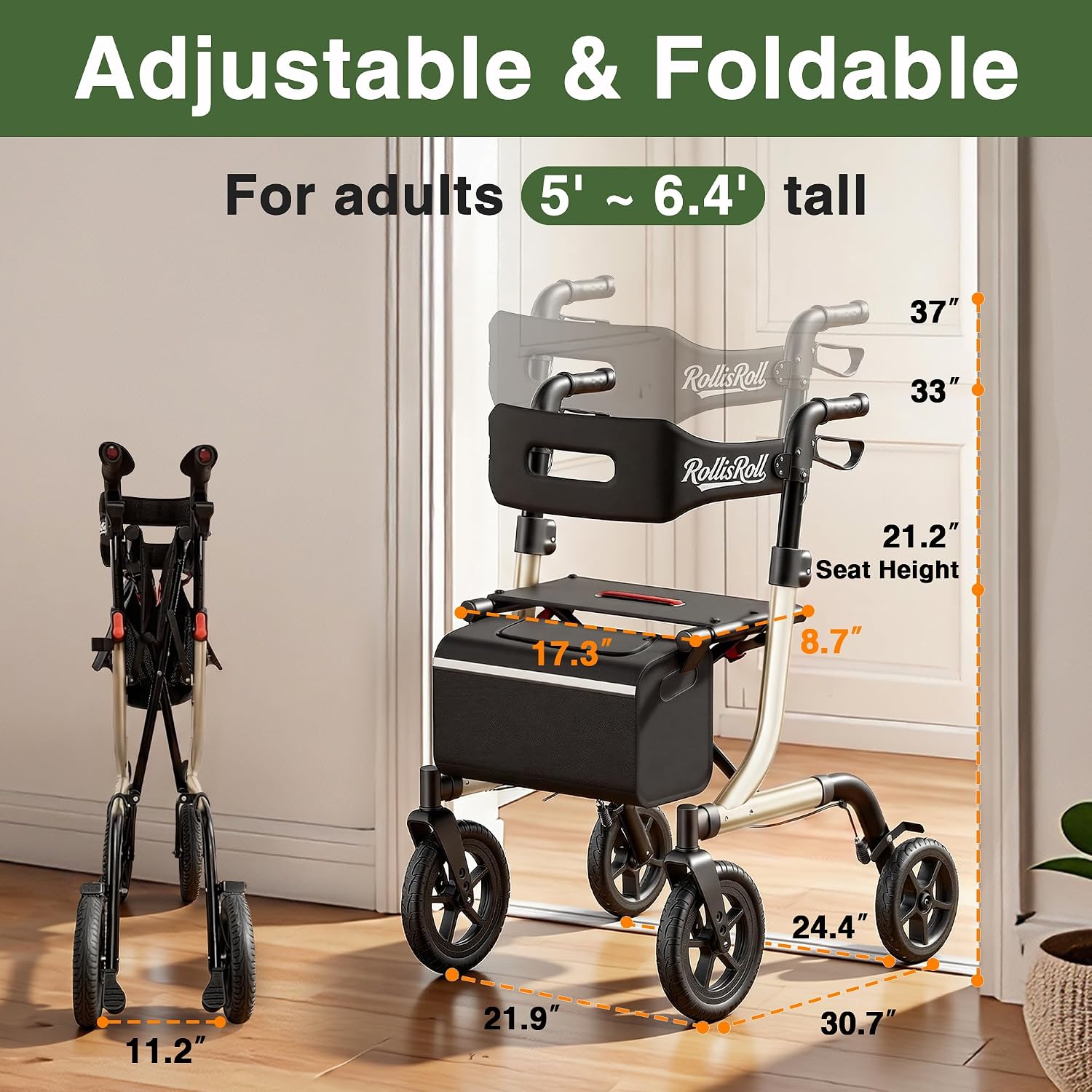 Detalle de RollisRoll A42003W12 Rollator Walker with Seat, 12-Inch Rubber Wheels, Golden