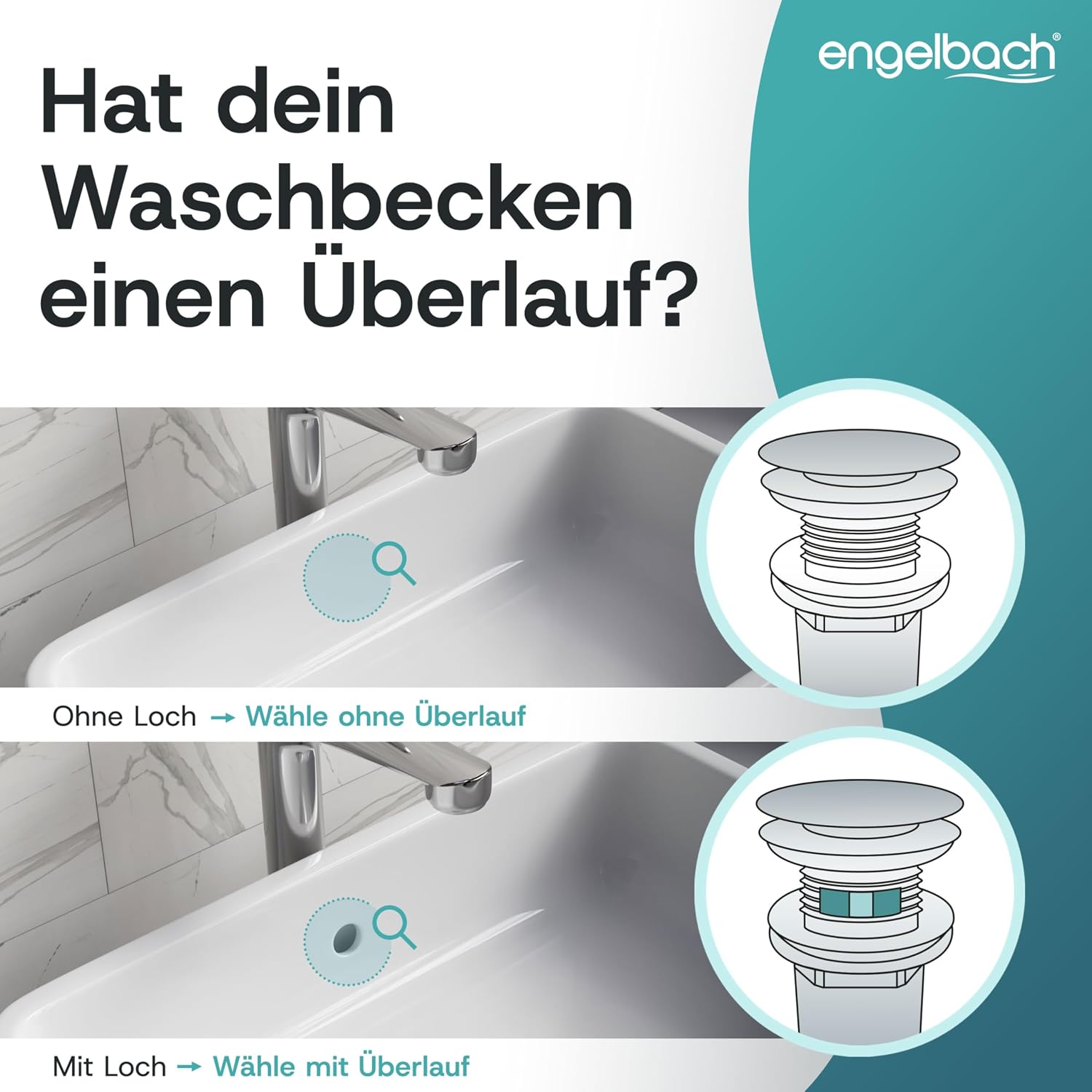 Detalle de Engelbach Universal Waschbecken Ablaufgarnitur – Pop Up Ventil ohne Überlauf, ausziehbarer Stöpsel mit Haarsieb inkl. Anleitung