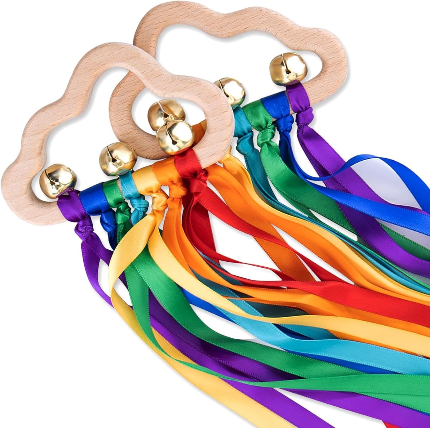 Detalle de Baby Wooden Sensory Rattle Toys Rainbow Ribbons Cloud Ring (2 pieces) with bells