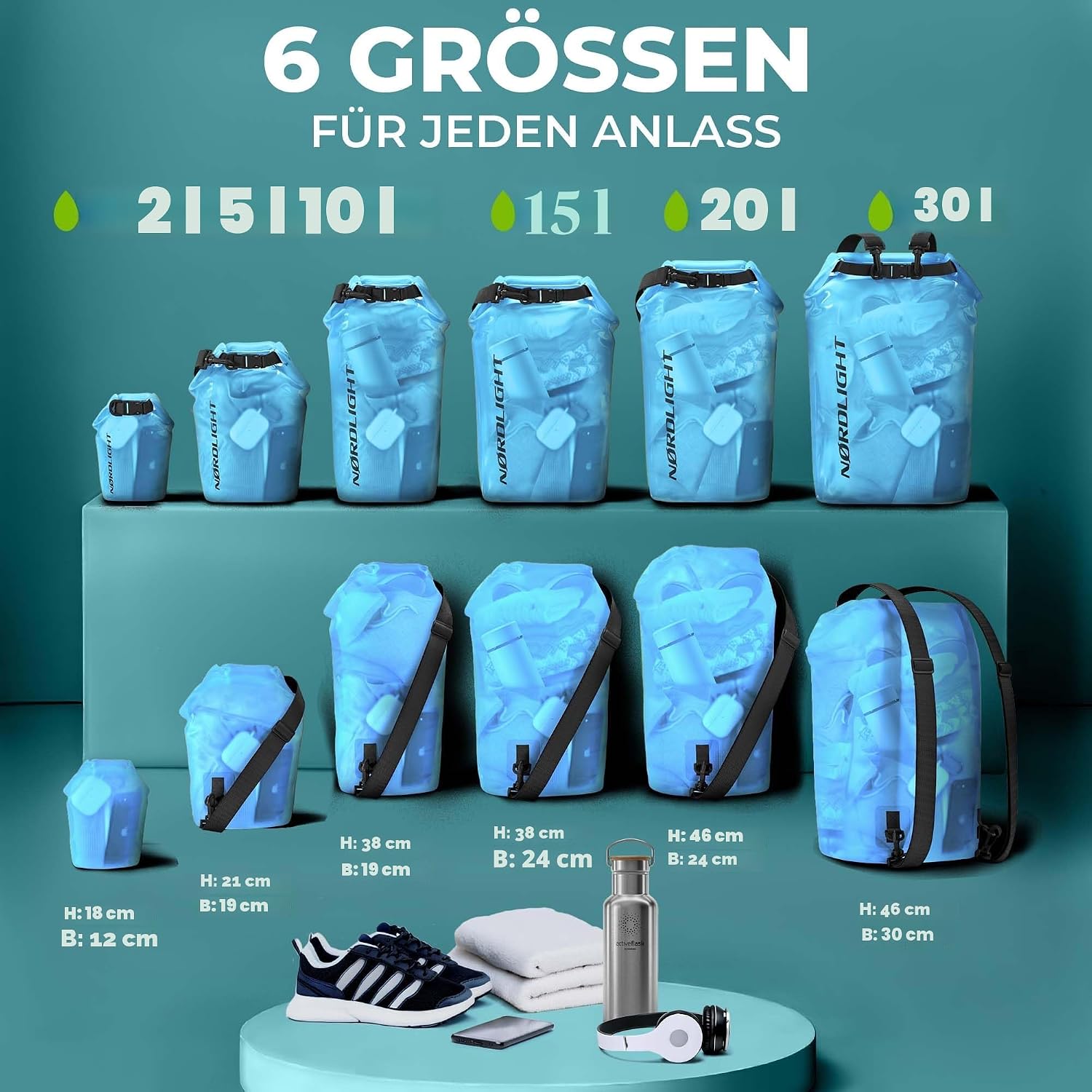 Detalle de Nordlight Dry Bag wasserdichte Tasche – 2l bis 30l, Roll-Top, inkl. Bauchtasche und Smartphone-Hülle