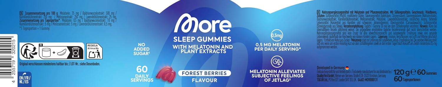 Detalle 1 de MORE Sleep Gummies Forest Berries – 60 Gummies mit 0,5 mg Melatonin pro Tagesportion, Anti-Jetlag-Support