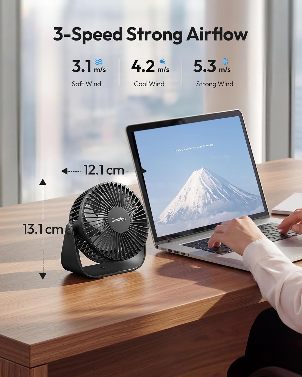 Detalle de gaiatop Small USB Desk Fan: Quiet, Rechargeable, 360° Rotatable Mini Fan