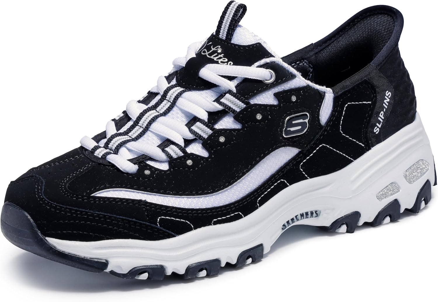 Detalle de SKECHERS D'LITES-NEW CLASSIC_150030 レディーススニーカー|ハンズフリー、メモリーフォーム、レザー&メッシュ