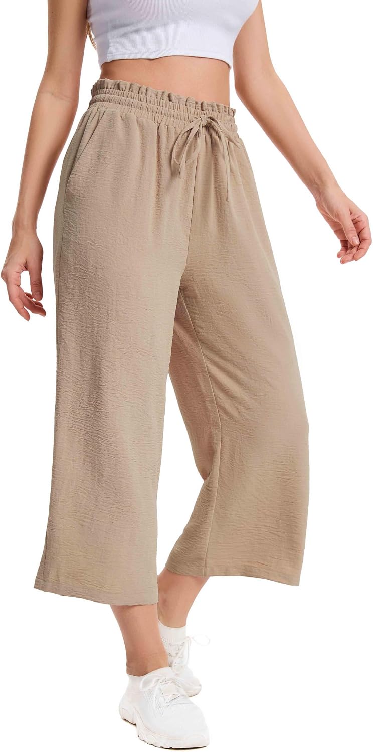 Thumbnail 1 de WUWUSKY Womens Capri Pant Wide Leg Trousers with Pocket — Elasticated High Waist Summer Linen-Feel Comfort