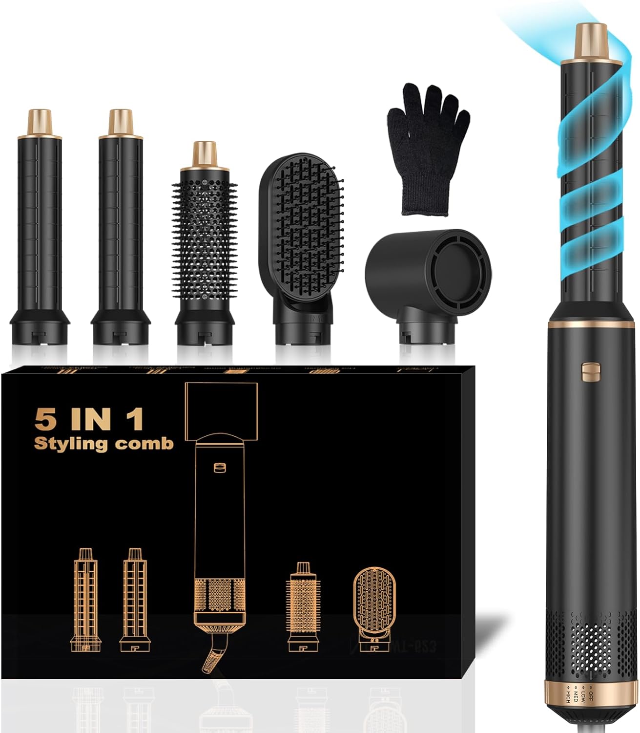Detalle de UKLISS Hairstyler 5 in 1 Airbrush Haarstyler – Pro Air Styler Set, 1000 W, Schwarz-Gold