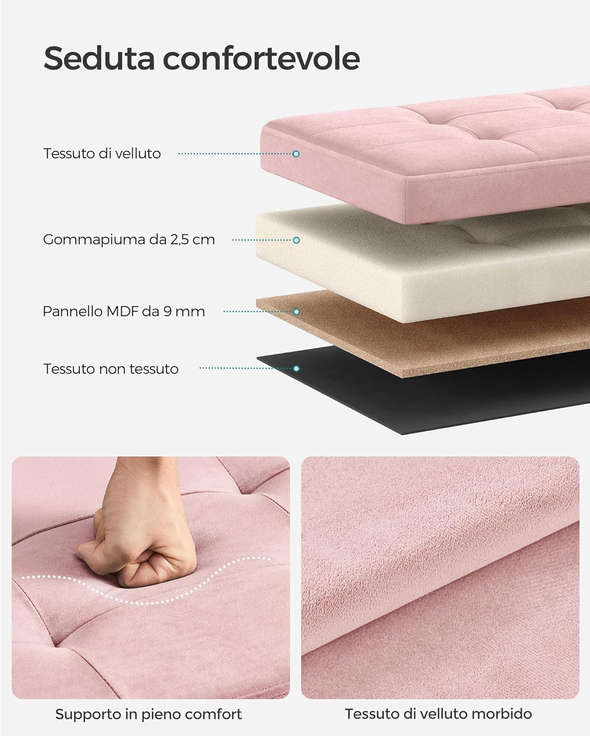 Thumbnail 4 de SONGMICS LSF277R01 Cassapanca Pouf contenitore pieghevole rosa pastello 38 x 110 x 38 cm
