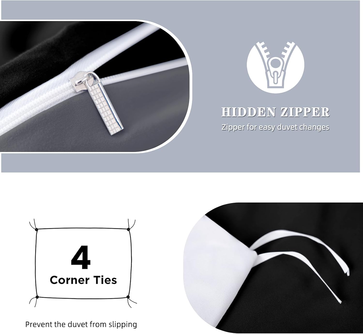 Detalle 2 de MIKI WELL King Size Reversible Duvet Cover Set (3 pcs) in Black & Grey with Hidden Zipper + Corner Ties