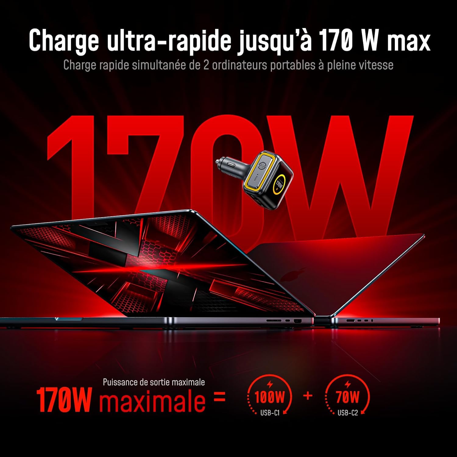 Detalle de AOHI SUPERAUTO 170W: Chargeur voiture USB-C avec affichage intelligent – PD 3.1 140 W, 170 W total (Gris)