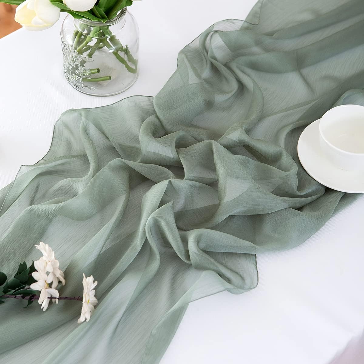 Detalle de CHUQING Chiffon-Tischläufer salbeigrün 70 x 300 cm für Hochzeit, Events & Deko