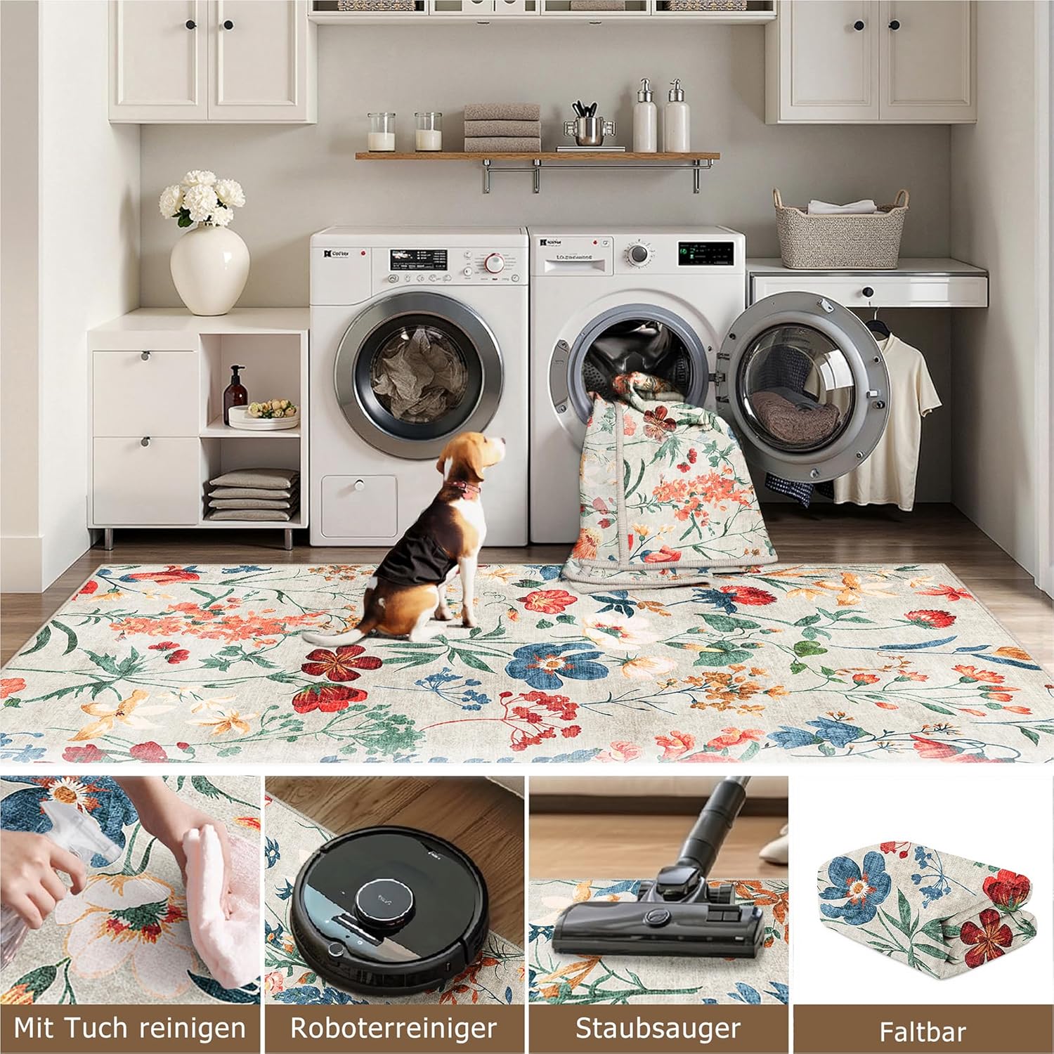 Thumbnail 5 de HUGEAR Beige waschbarer Teppich mit Blumenmuster (200x300 cm) – kurzflorig, rutschfest, für Wohn- & Schlafzimmer