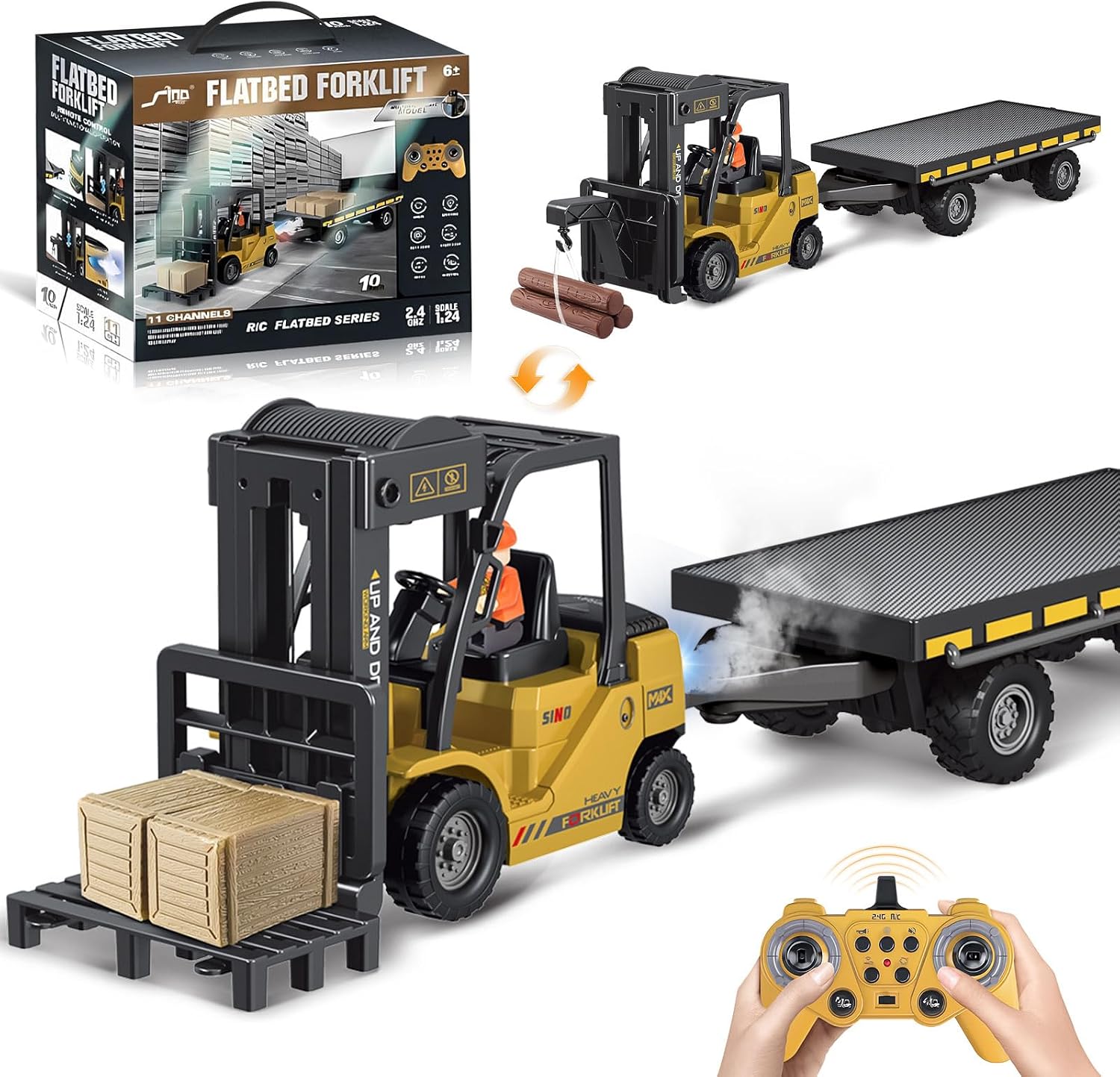 Detalle de Cirmine QH9014D-LD-HBYDE RC-heftruck 1:24 met aanhangwagen en kraanhaak