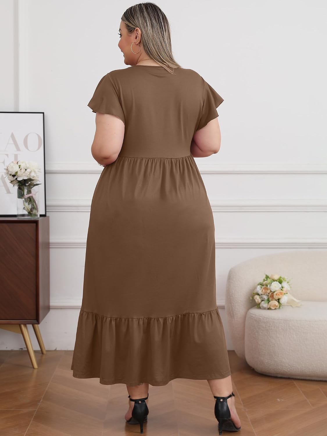 Detalle 2 de Moon Wood Damen Sommerkleid Kurze Ärmel Rundhals – Locker, Elegant und Grössenauswahl