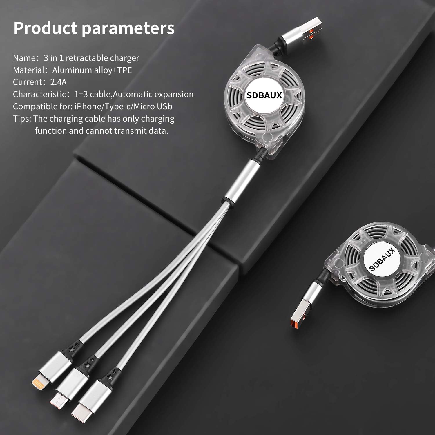 Thumbnail 4 de SDBAUX Multi Charger Cable 1m — 3‑in‑1 retractable cable