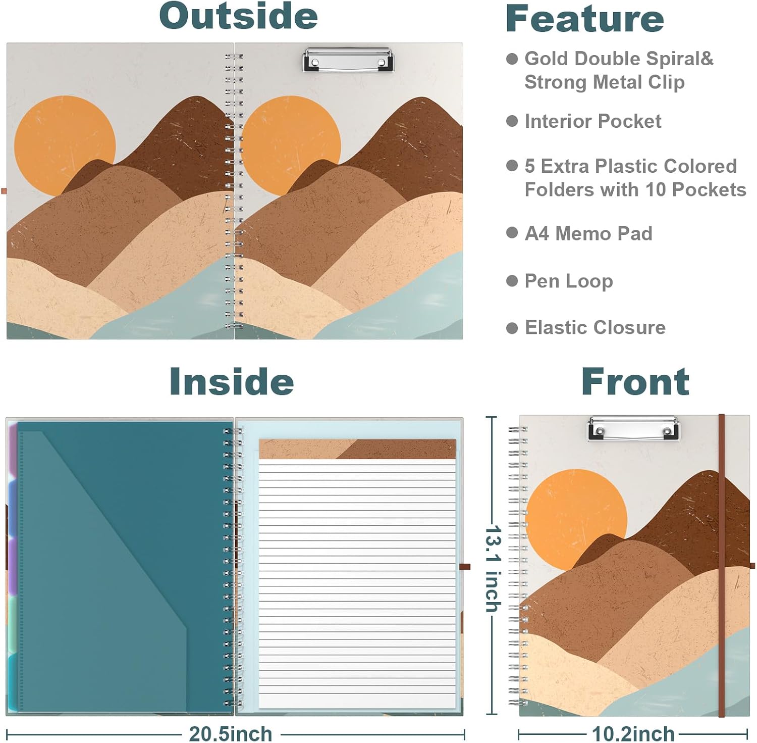 Detalle de Hongri Clipboard Folio with Refillable 8.5 x 11-Inch Lined Notepad, 10 Pockets, Mountain
