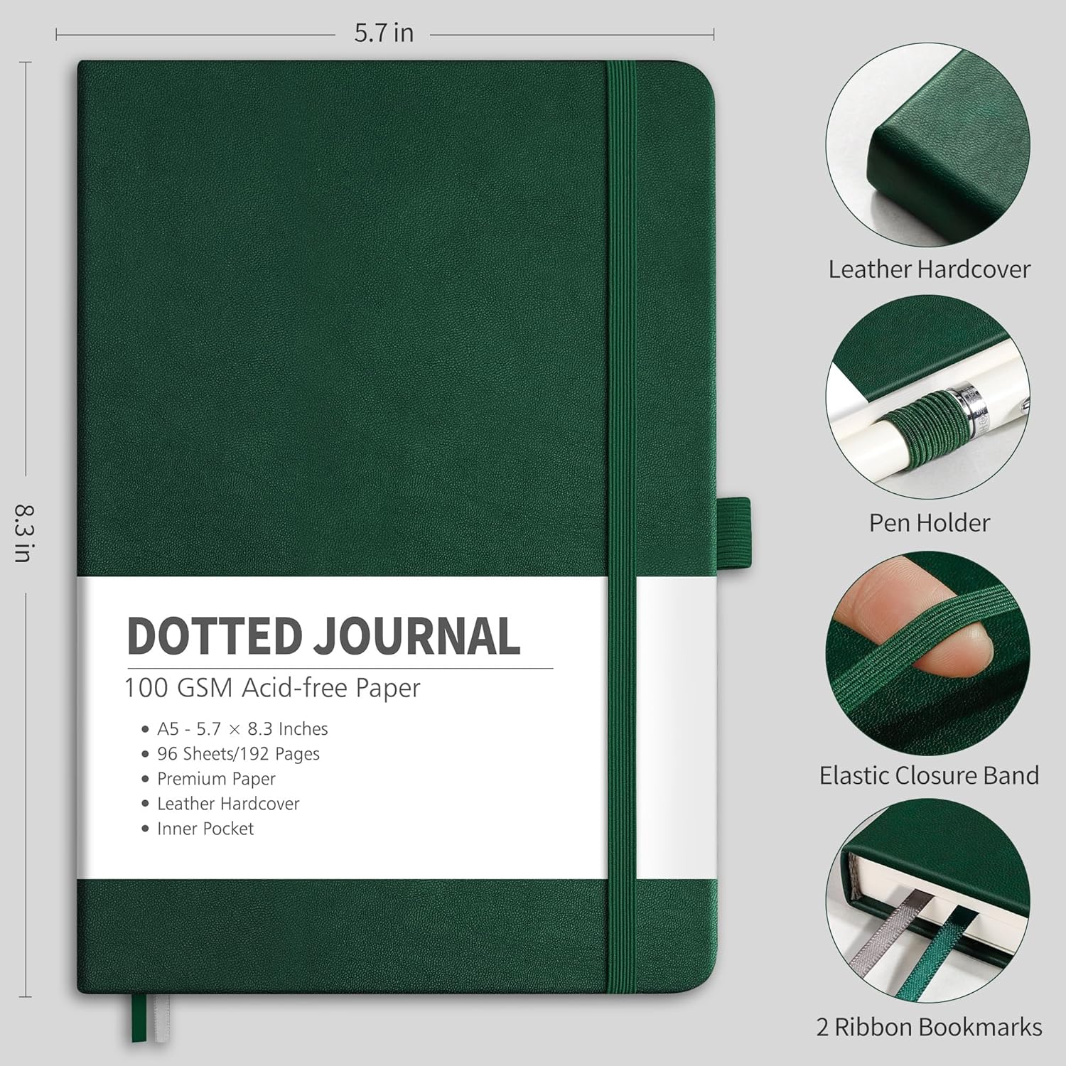 Thumbnail 1 de RETTACY Notizbuch A5 Dotted – 192 Seiten, 100 g/m² Papier, Dunkelgrün, Hardcover Bullet Journal