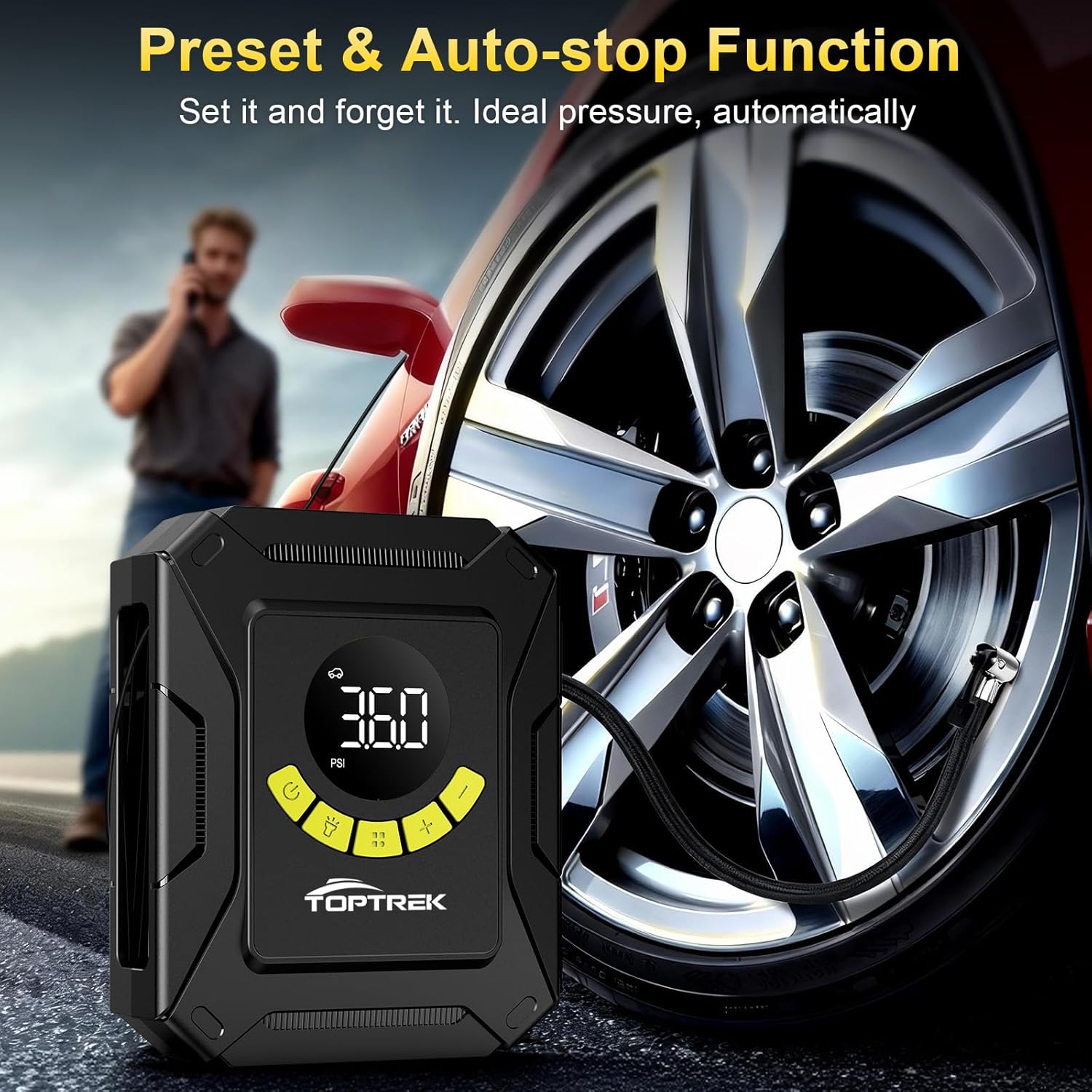 Thumbnail 3 de toptrek 12V Car Tyre Inflator (150 PSI) with Digital LCD, Preset Modes & Auto ShutOff