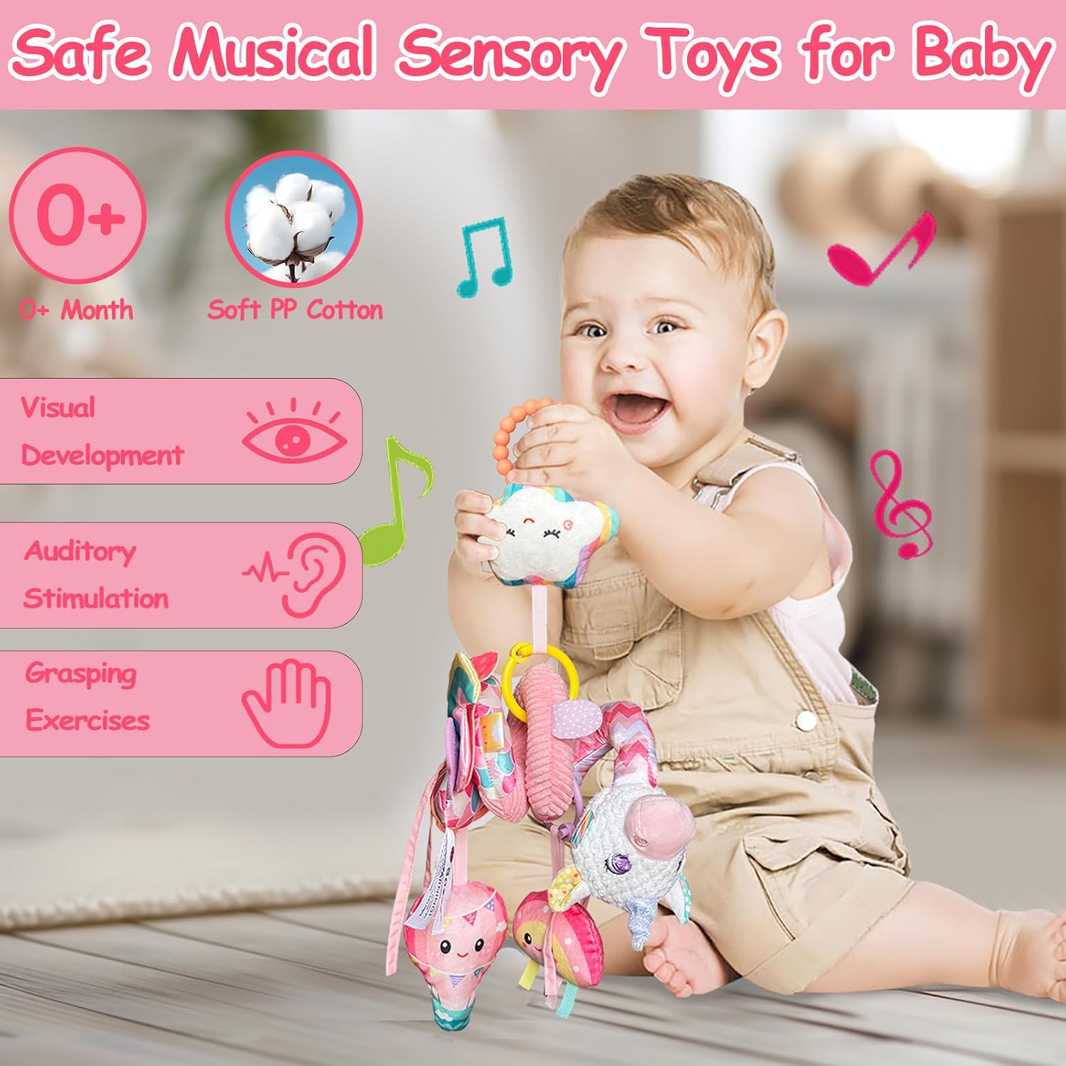 Detalle de Kulveanju Baby Spiral Pram Toy 0-6 Months – Musical Plush Spiral Activity Hanging Toy (Pink)