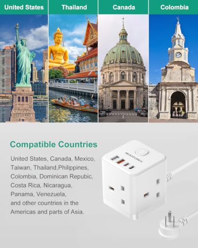 Detalle de ROOTOMA UK to US Plug Adaptor 3 Way with 4 USB Fast Chargers (QC3.0/PD20W)