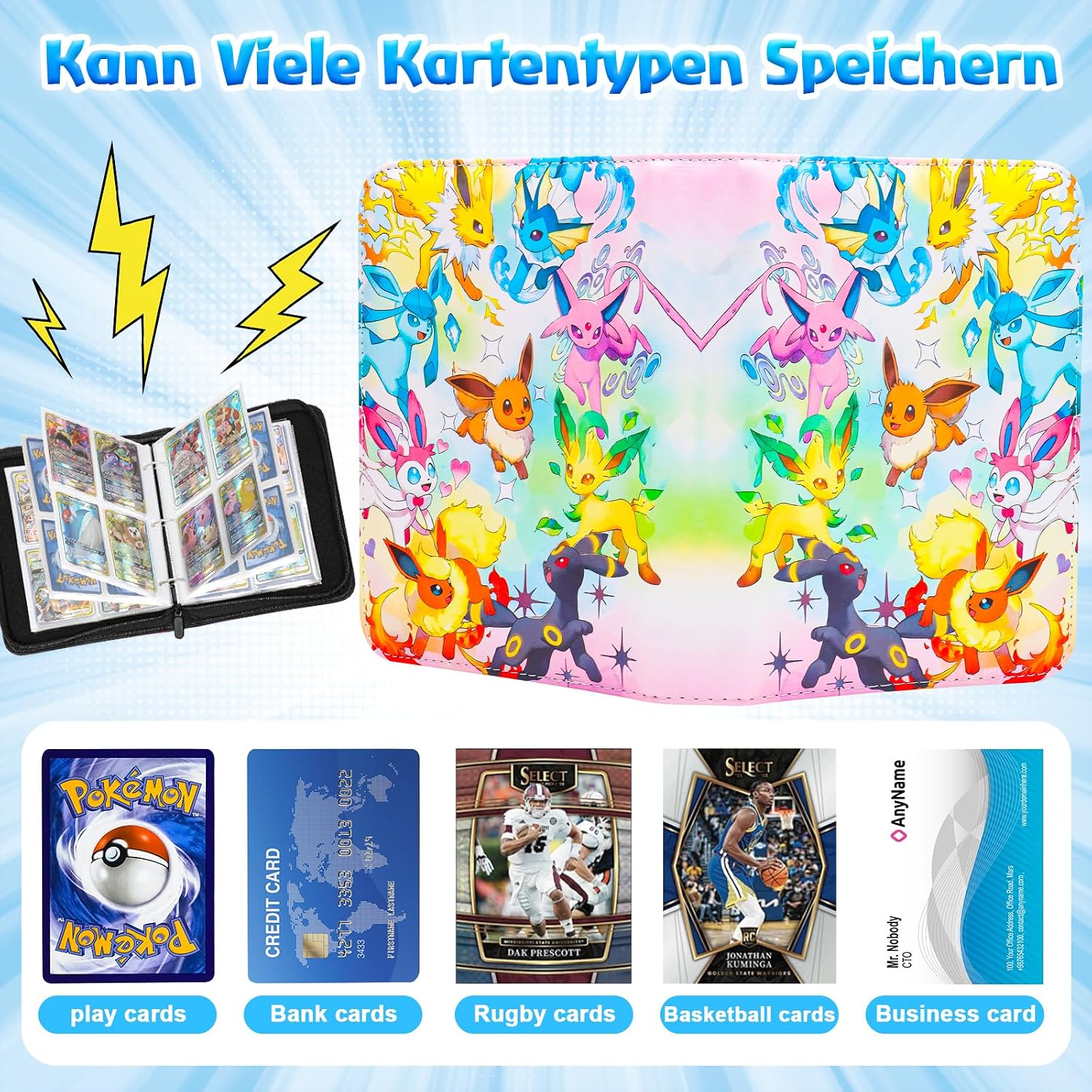 Detalle de Sammelalbum für Pokemon Karten (YB400) – 50 Seiten, 400 Karten Kapazität, PU‑Material, wasserdicht, inkl. Reißverschluss und Handschlaufe