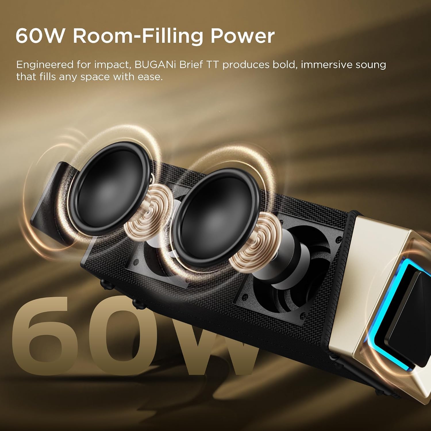 Detalle 2 de BUGANI Brief TT 60W Portable Bluetooth Speaker, IP67, Auracast, Gold