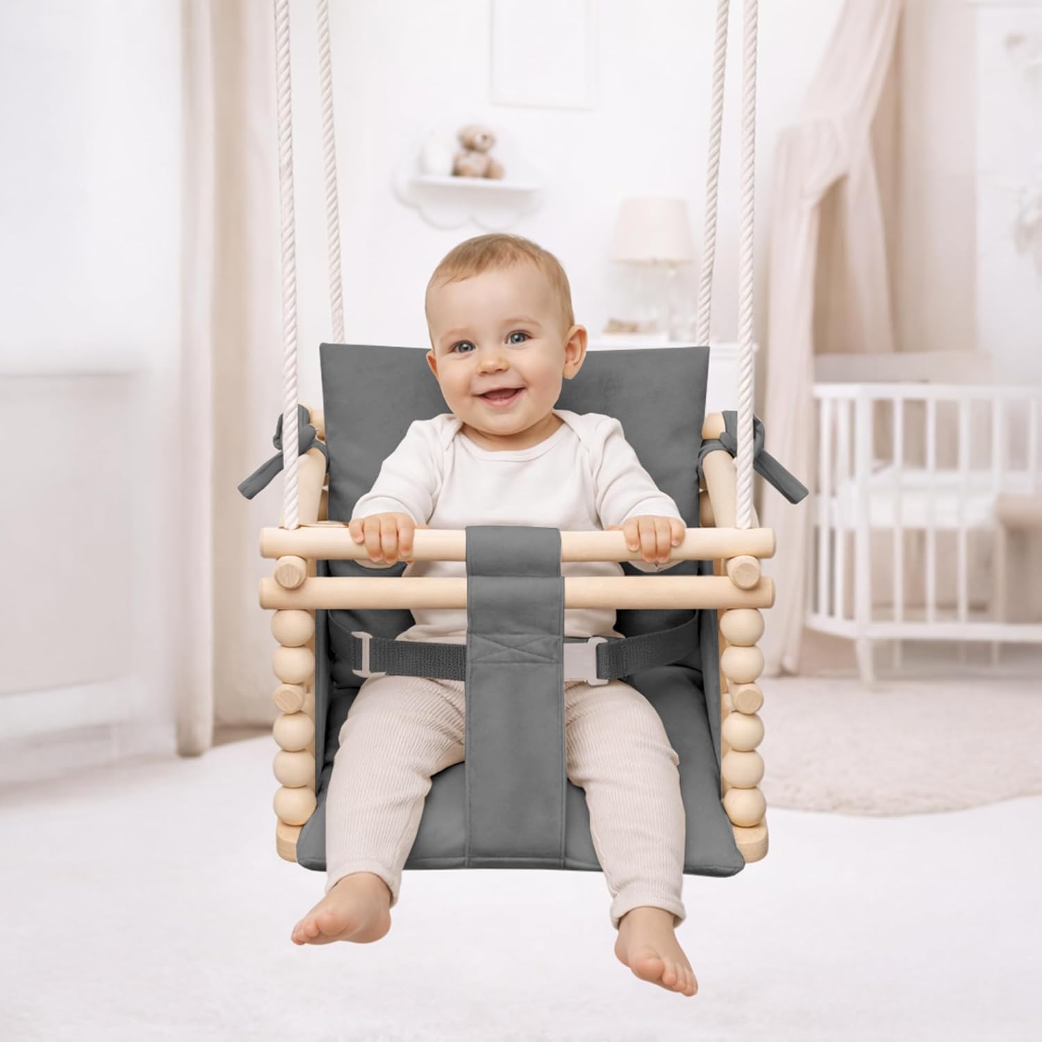 Detalle 2 de MAMOI Altalena per bambini Baby swing 3 in 1 in legno (per casa e porta), fino a 25 kg