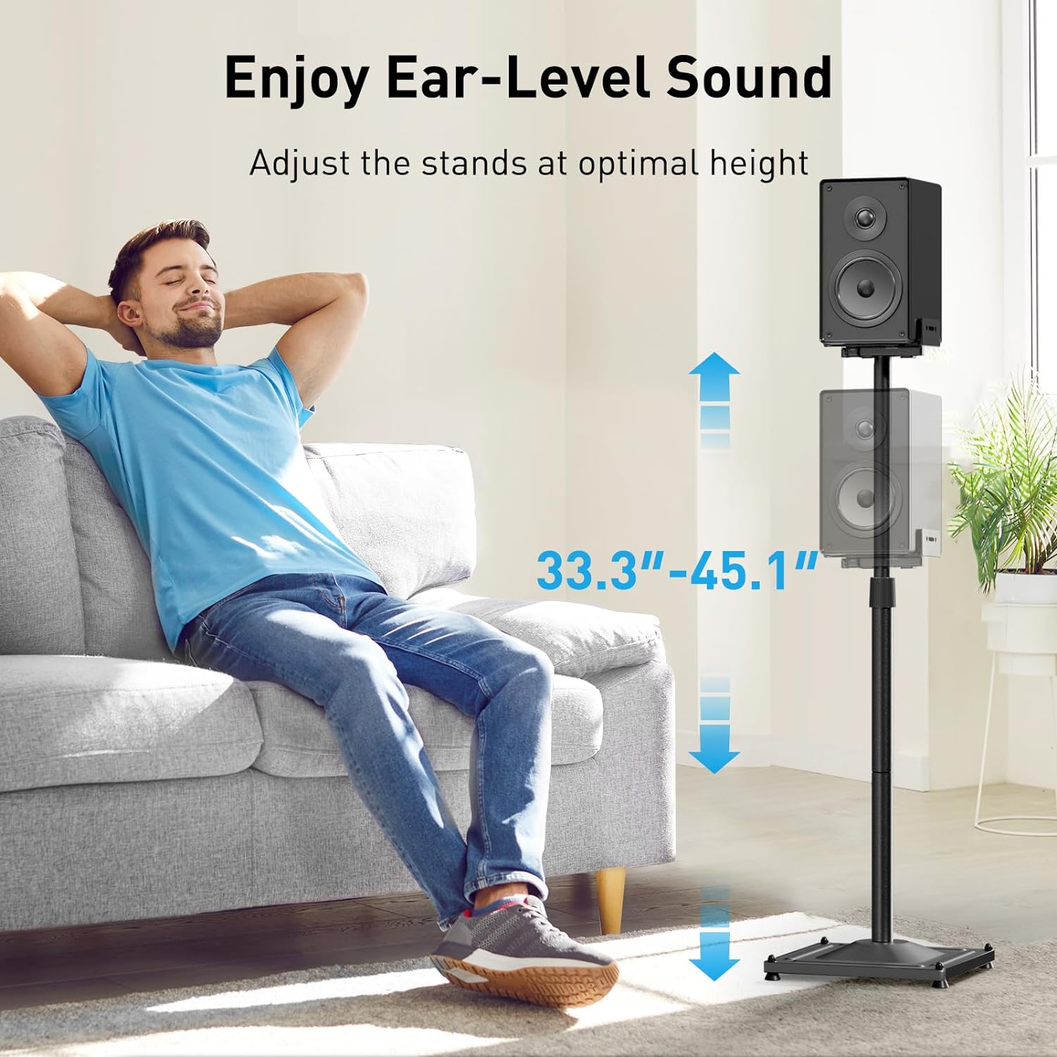 Detalle de PERLESMITH PSSS2 Universal Height-Adjustable Speaker Stands (Surround Sound, 33.3–45.1 in), Pair, Black