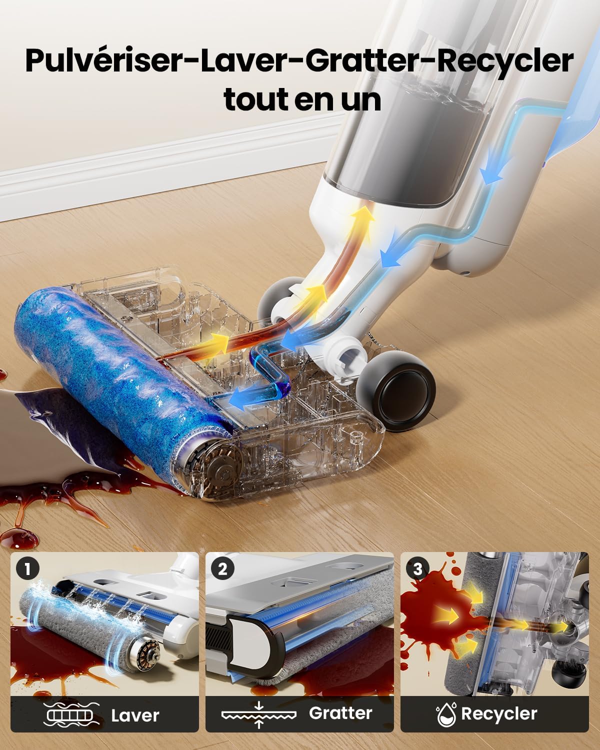 Detalle de Proscenic F10 Ultra+ Aspirateur Laveur sans Fil — 60 minutes d’autonomie et lavage eau et poussière