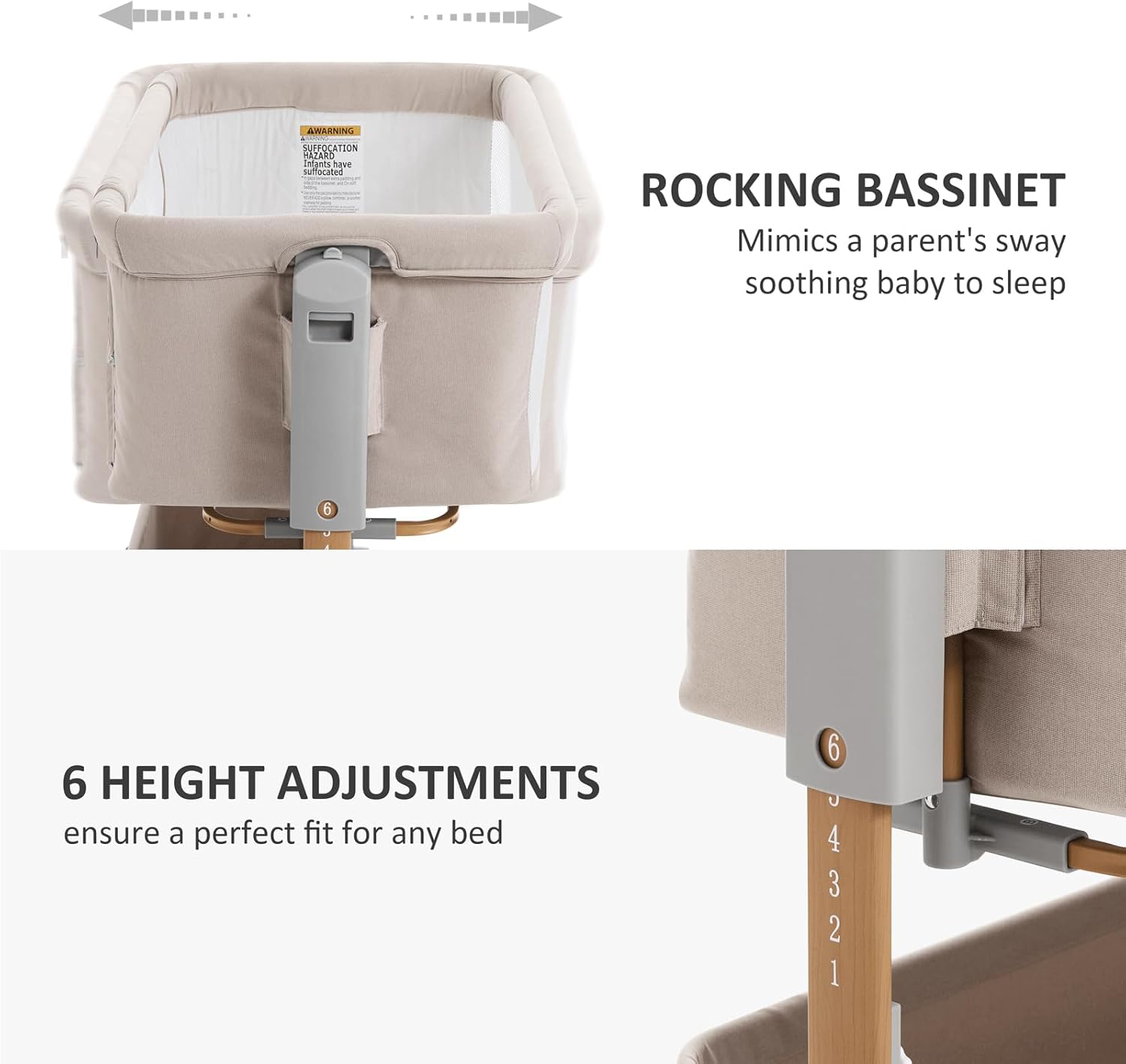 Thumbnail 2 de 3 in 1 Baby Bassinet (Rocking + Bedside Sleeper) with 6-Height Adjustment, Breathable Mesh & Storage Basket