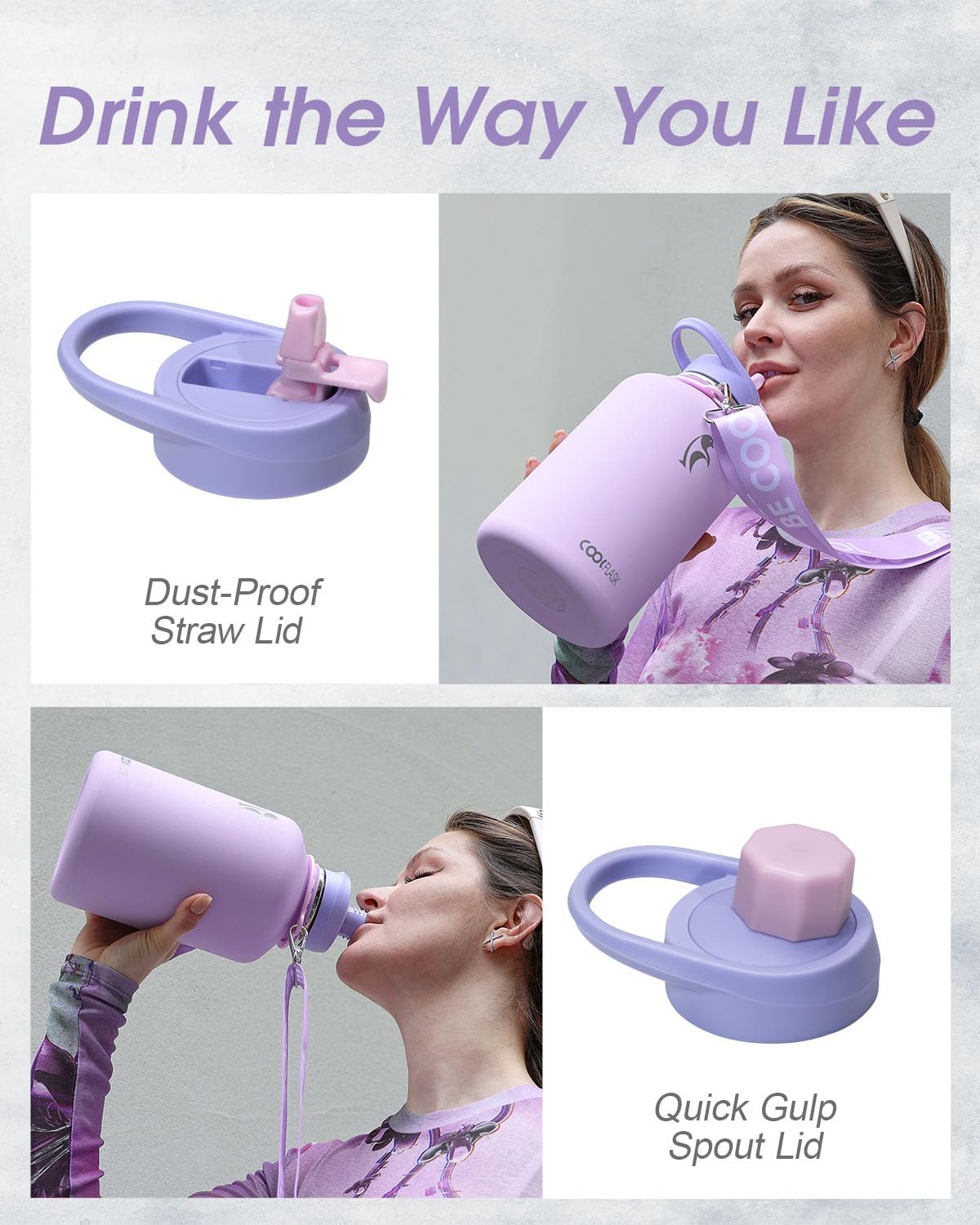 Detalle de Coolflask Half Gallon Water Bottle with Strap (64oz) – Lavender Stainless Steel, Dual Lids, Leak-Proof
