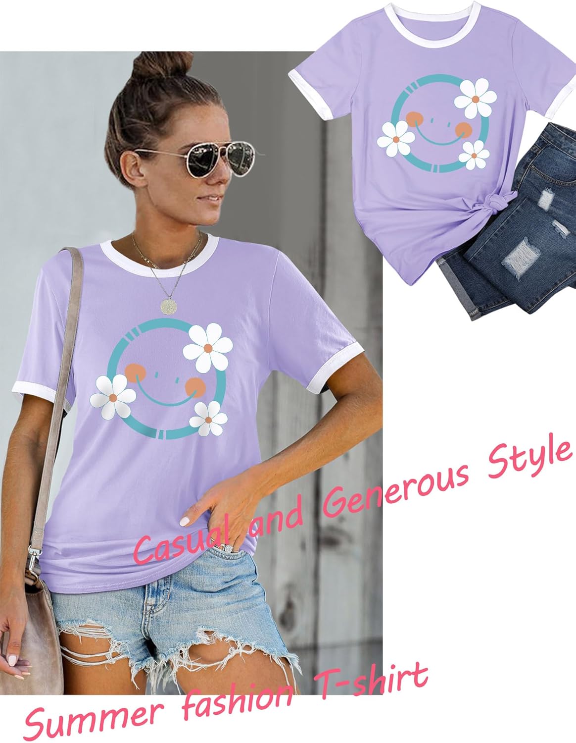 Detalle 2 de WIEIYM Women Daisy Floral Short Sleeve Cotton T‑Shirt – Boho Summer Tee