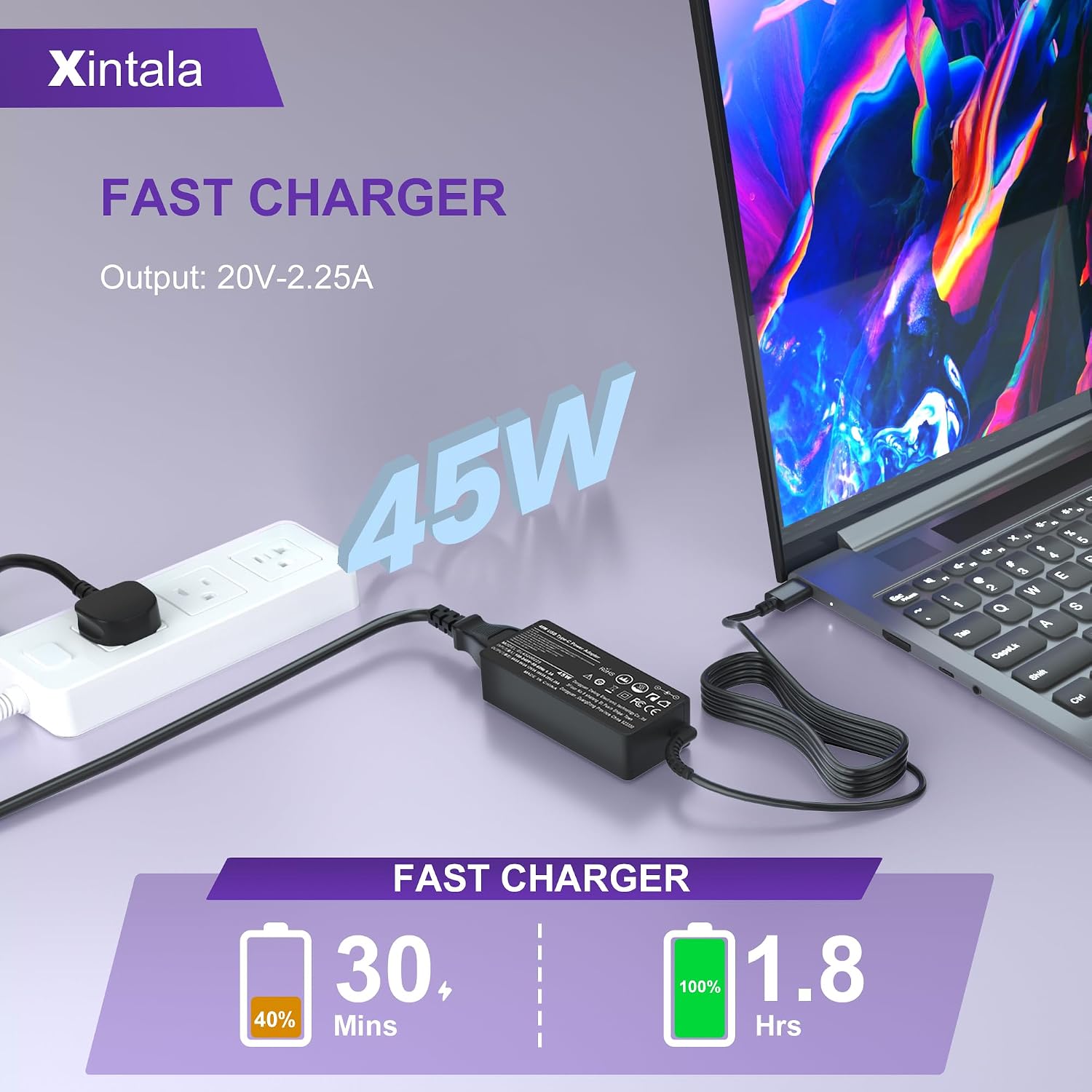 Detalle 2 de 45W USB-C Laptop Charger – Universal Type-C Power Adapter for Lenovo, Acer, HP, Asus, Dell, Samsung and More
