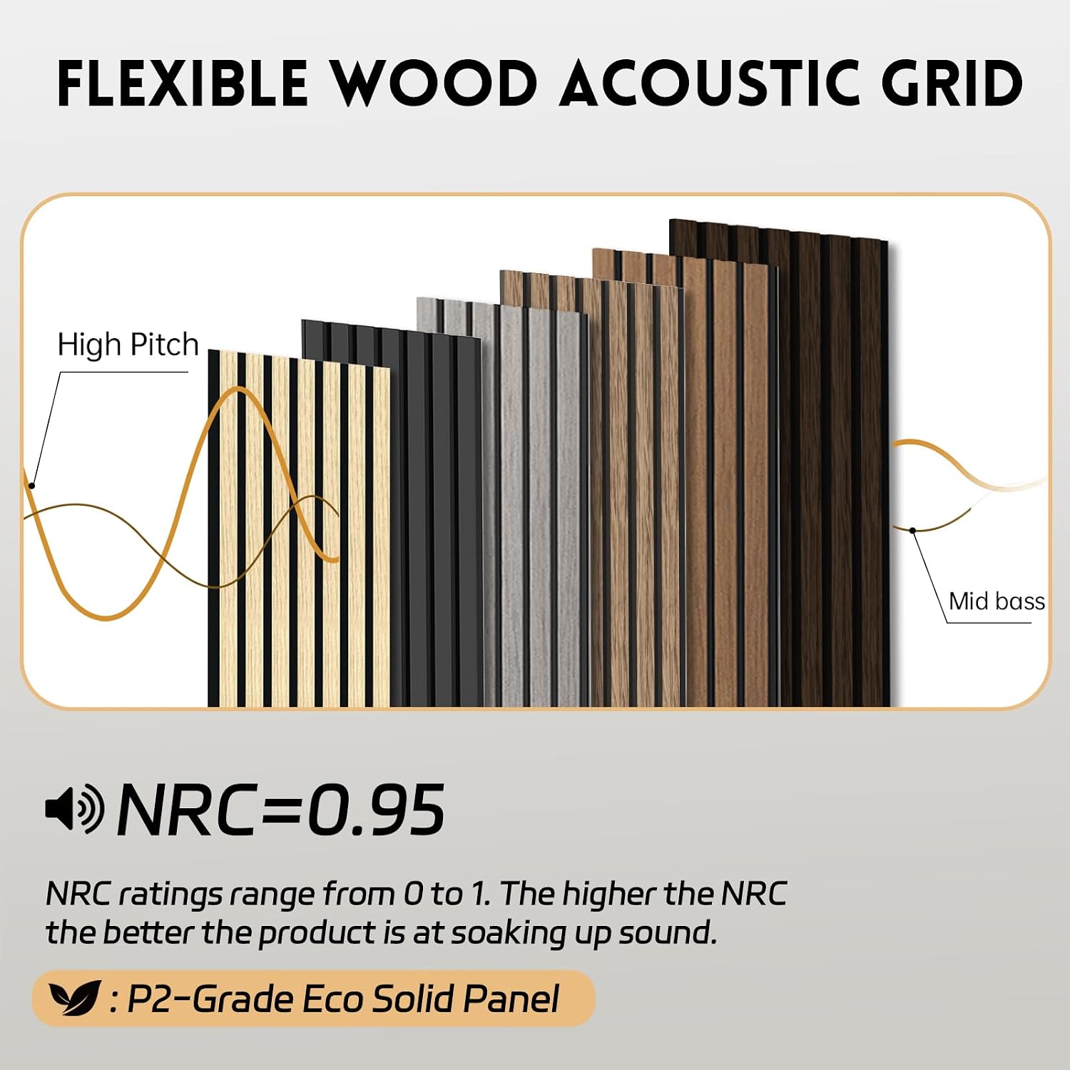 Detalle de RITOLLO 4-Pack Wood Slat Acoustic Wall Panels, 106.3-Inch Gray MDF