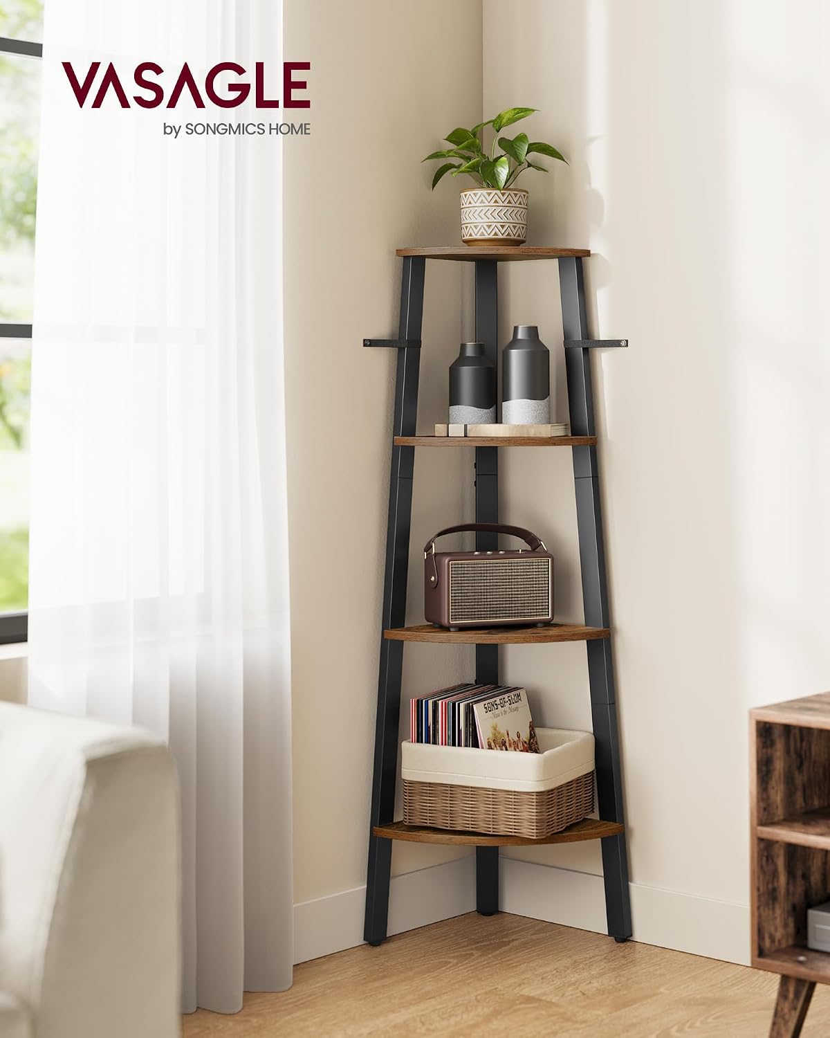Detalle 2 de VASAGLE ULLS34X 4-Tier Corner Shelf, Rustic Brown and Matte Black