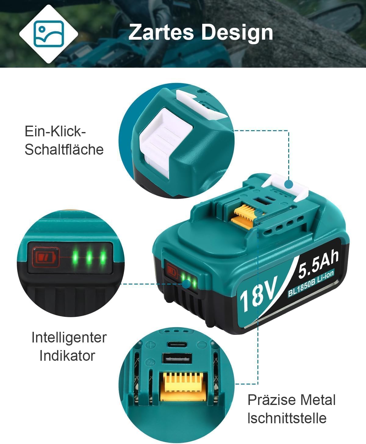 Thumbnail 4 de DC18RD Ladegerät mit 2×5500mAh Ersatzakkus für Makita 18V – kompatibel mit BL1815, BL1830, BL1840, BL1850, BL1860, BL1890, BL1415, BL1430, BL1440