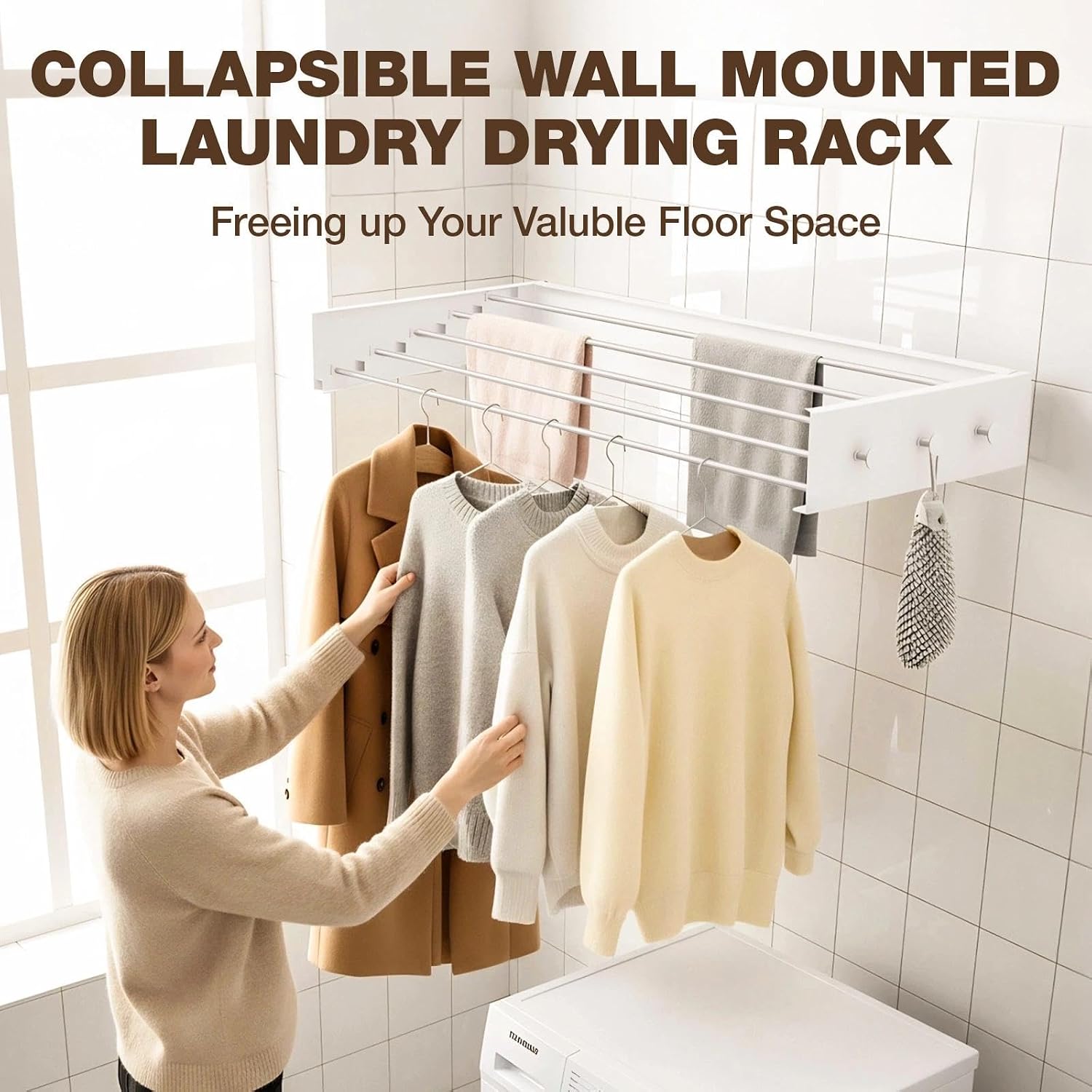 Thumbnail 1 de ZCOINS Foldable Wall Mounted Drying Rack — Space-Saving 5 x 80 cm Bars with 6 Hooks, Heavy-Duty 25 kg Capacity