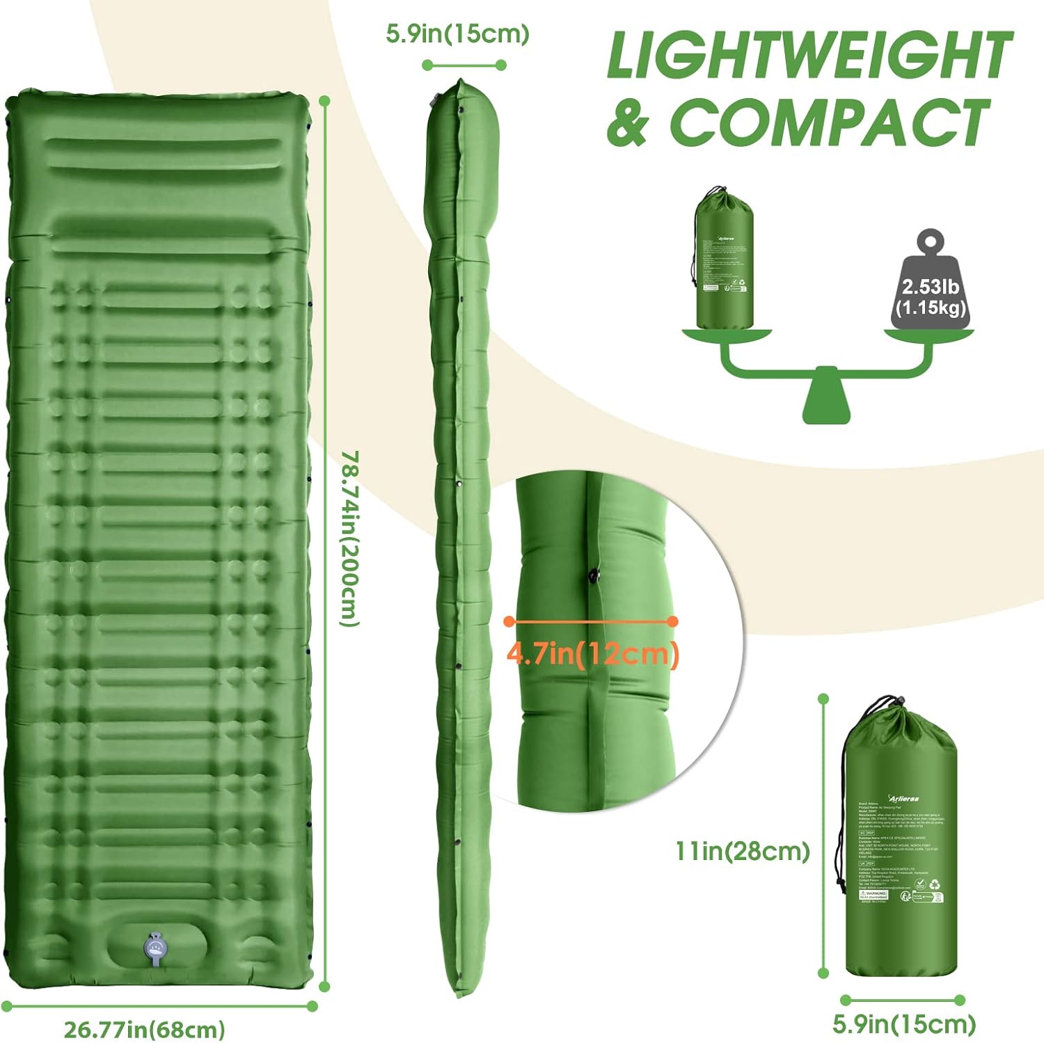 Detalle de Arlierss Isomatte (12 cm) – Luftmatratze fürs Camping mit Fußpumpe und Kissen