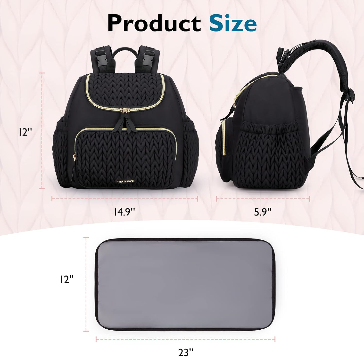 Detalle de mommore Wickeltasche & kleiner Wickelrucksack – kompakte Reisetasche mit isolierten Fächern, Wickelunterlage und Kinderwagenbefestigungen