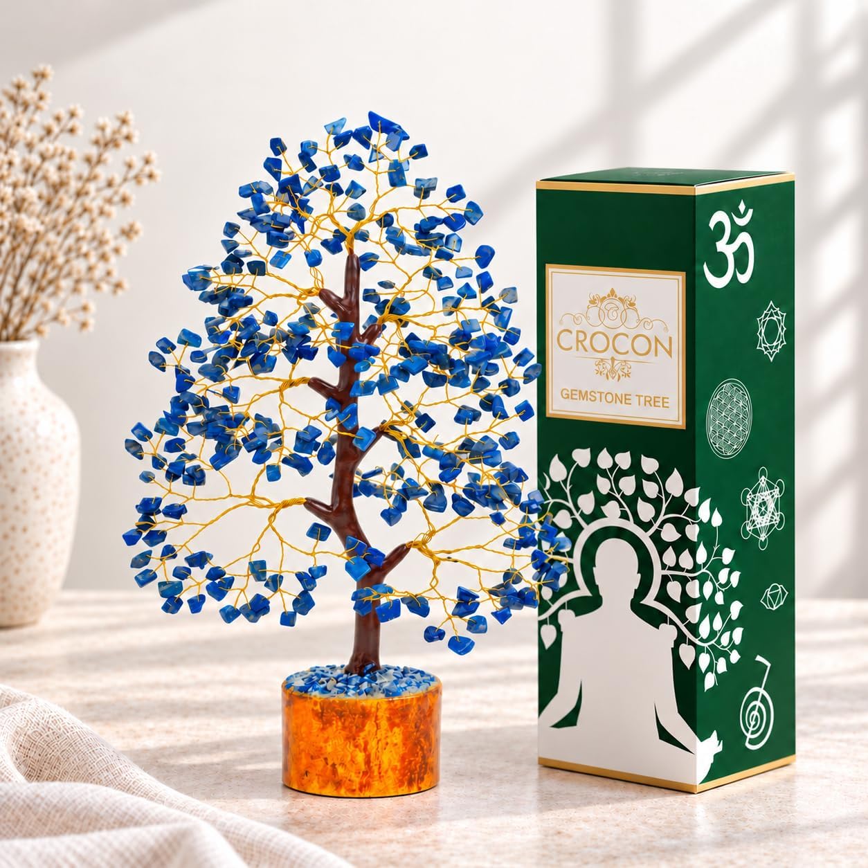 Detalle de Crocon Artificial Tree lapis lazuli edelsteenboom, zilverkleurige bonsai
