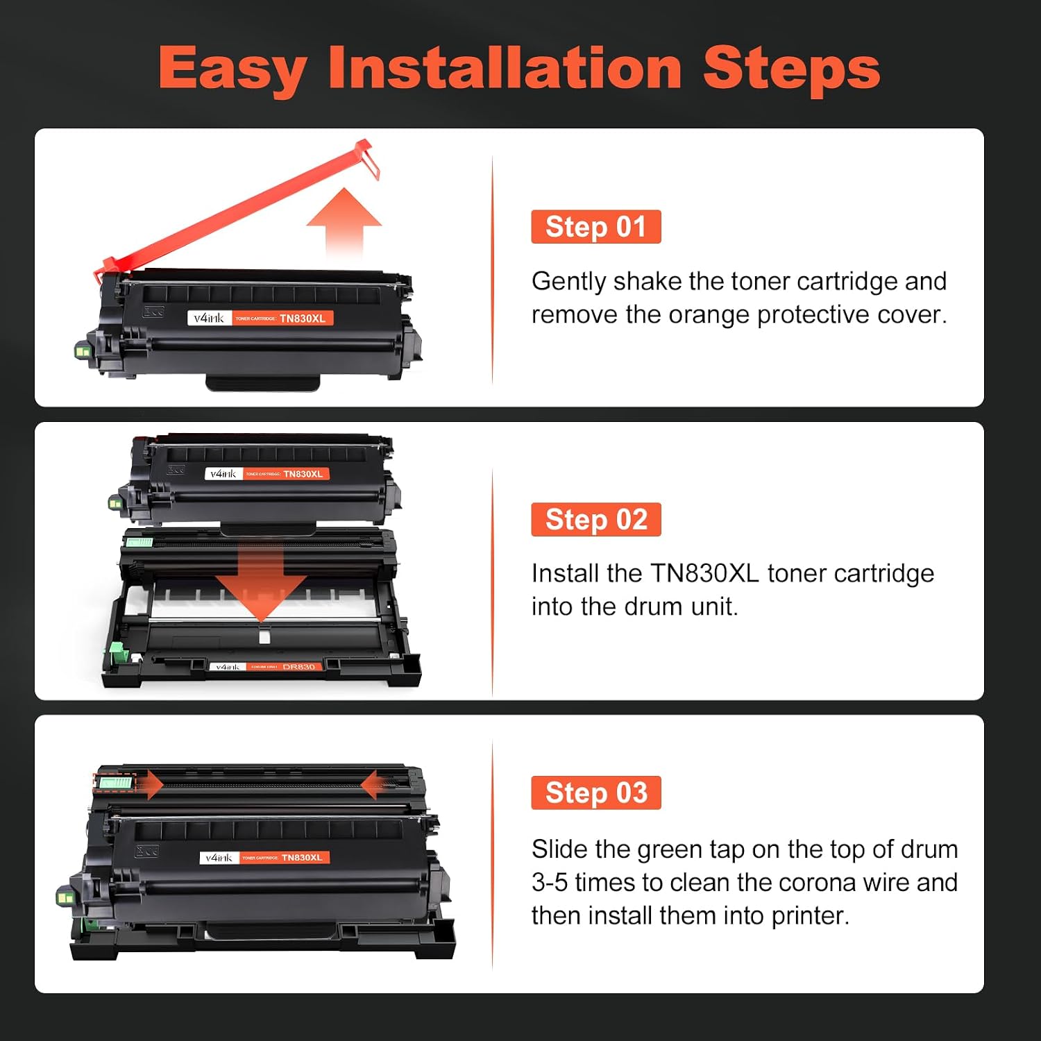 Detalle de v4ink TN830XL4PK TN830XL Black Toner Cartridge 4-Pack with Smart Chip