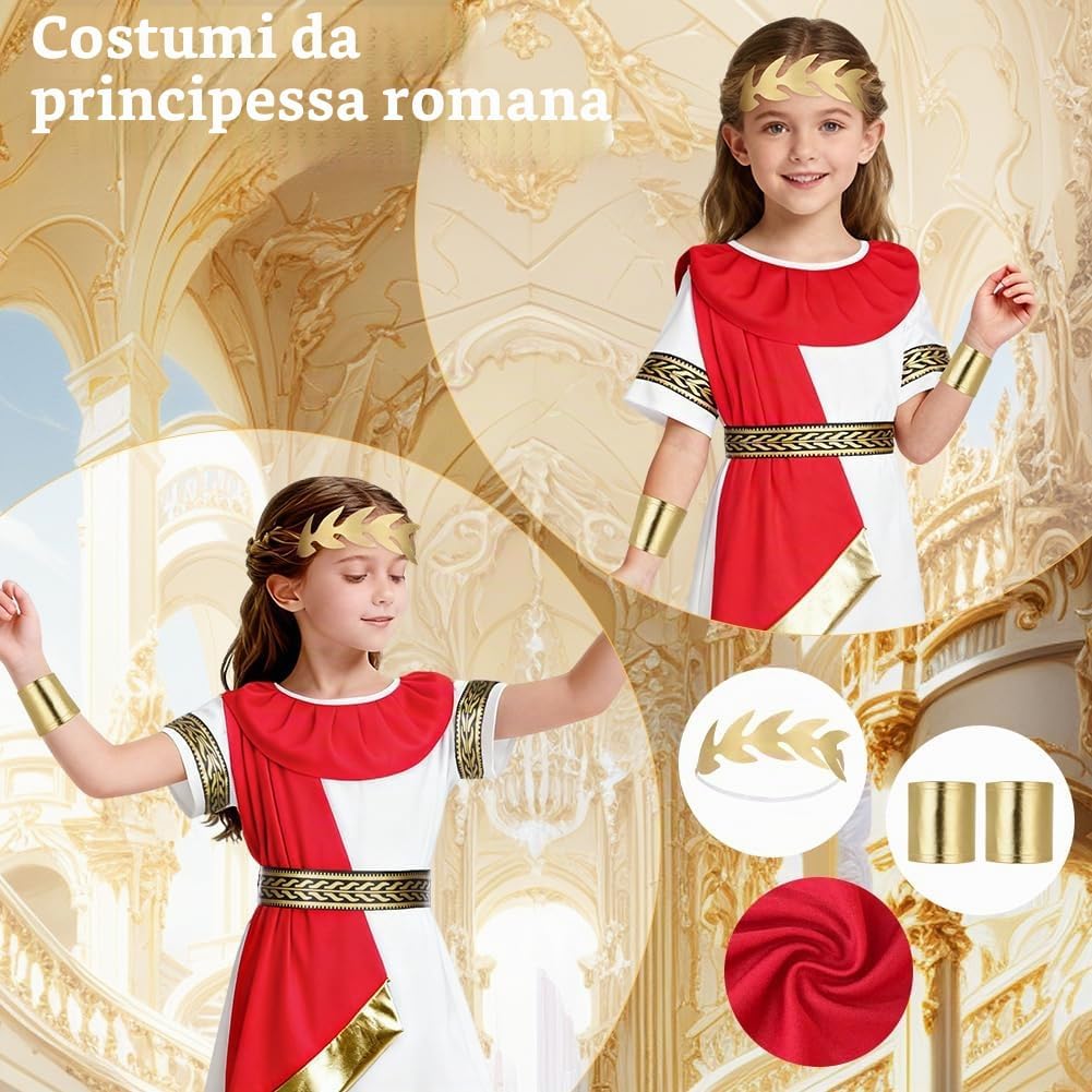 Detalle de Costume da antica Grecia Romana BSBUY per ragazzi e ragazze, bianco e rosso (toga/abito lungo con cintura)