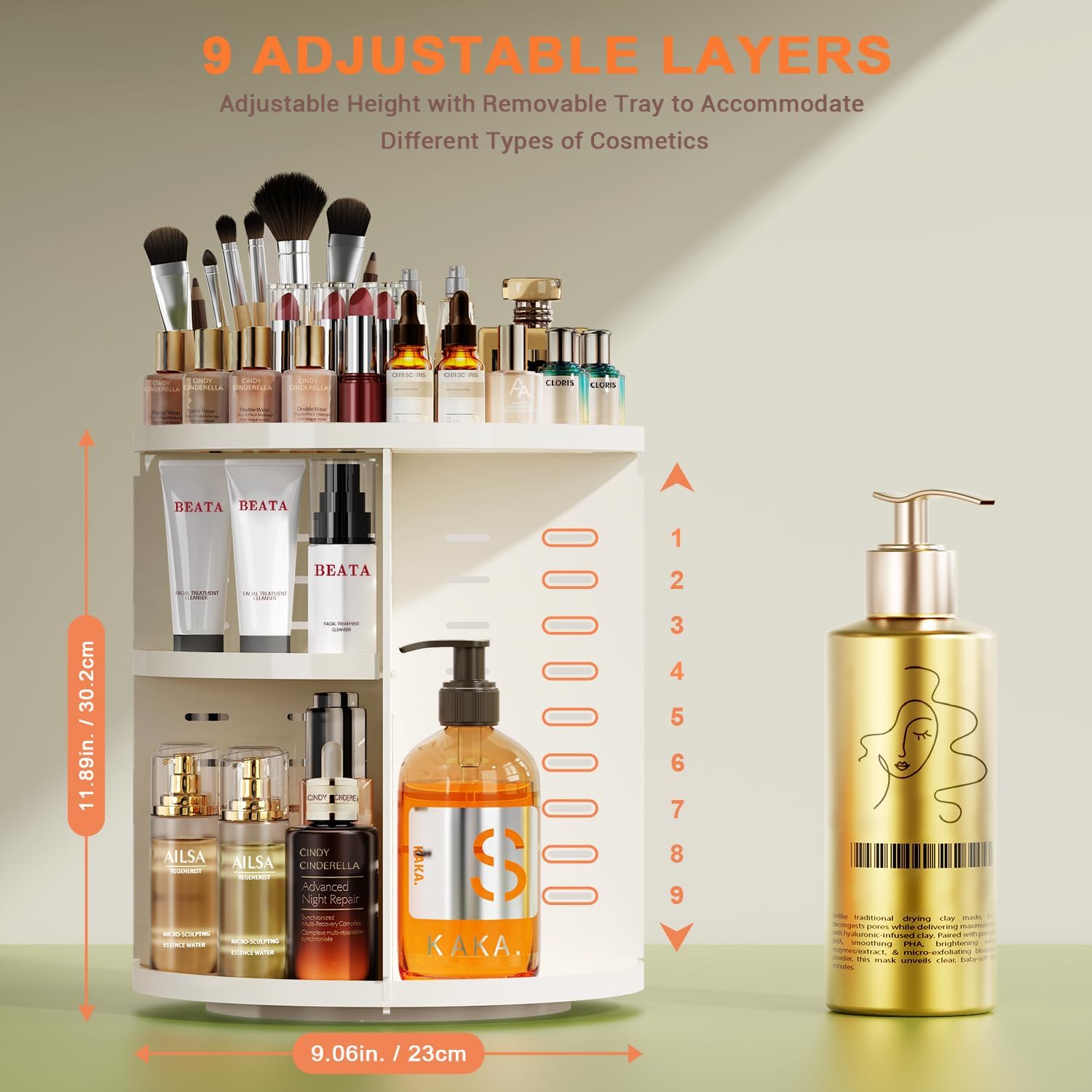 Detalle de Auxmir BM-808 9-Layer Rotating Makeup Organiser, 360° Turn, White