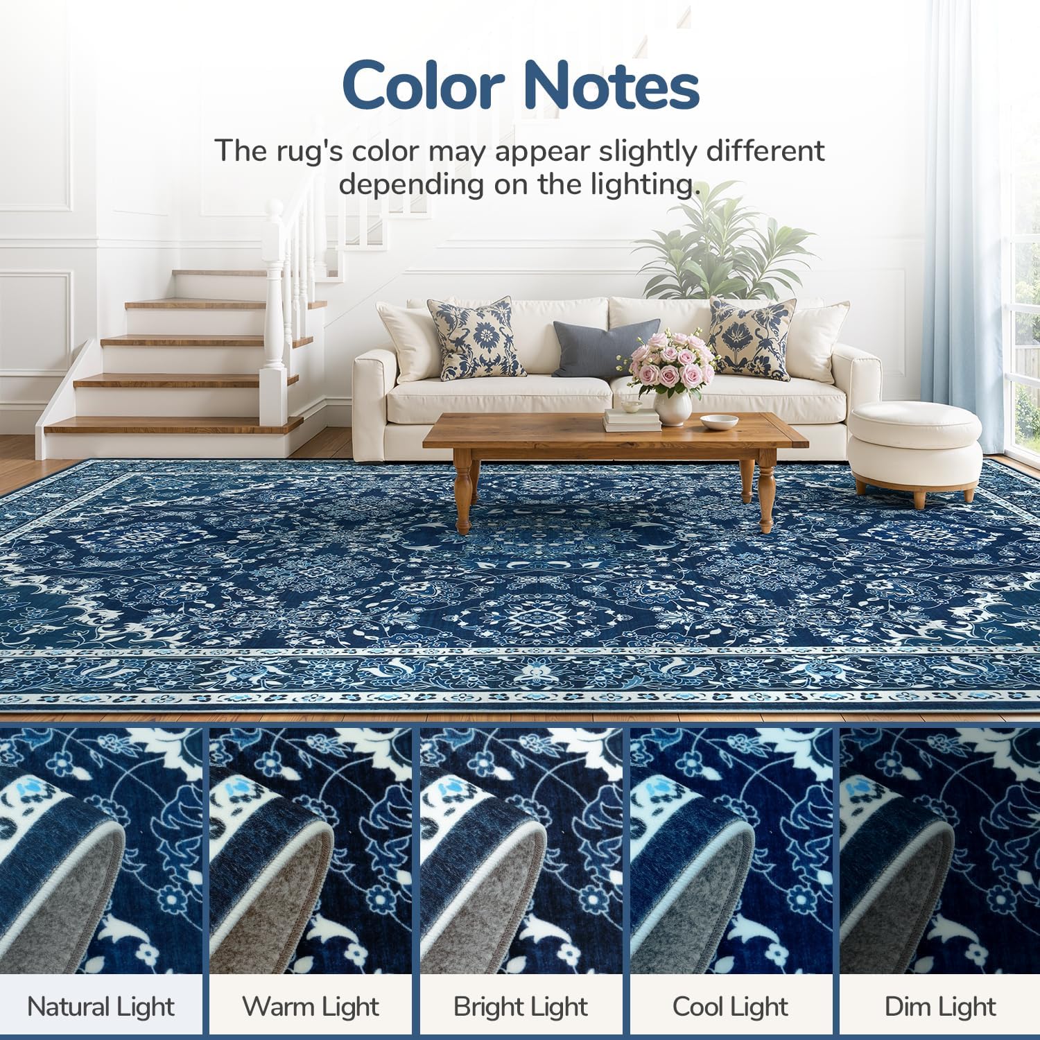 Thumbnail 6 de Lessymo 9' x 12' Blue Floral Area Rug, Washable Low-Pile Faux Wool