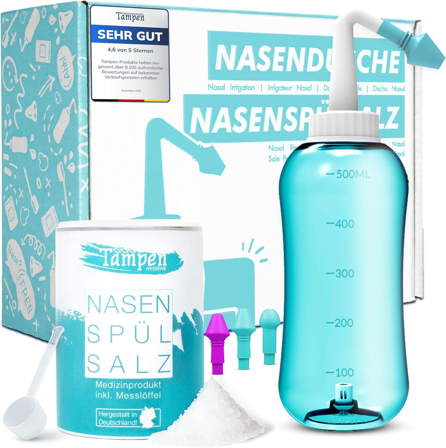 Detalle de Tampen Nasendusche: Großes Set für Erwachsene und Kinder inkl. 120 Nasenspülsalz, Messlöffel und 3 Aufsätze