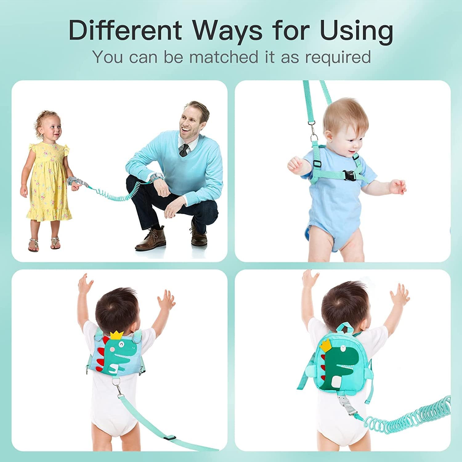 Detalle 2 de Funsland 4-in-1 Baby Walking Harness with Dinosaur Backpack and 360° Anti-Lost Wrist Link – Green