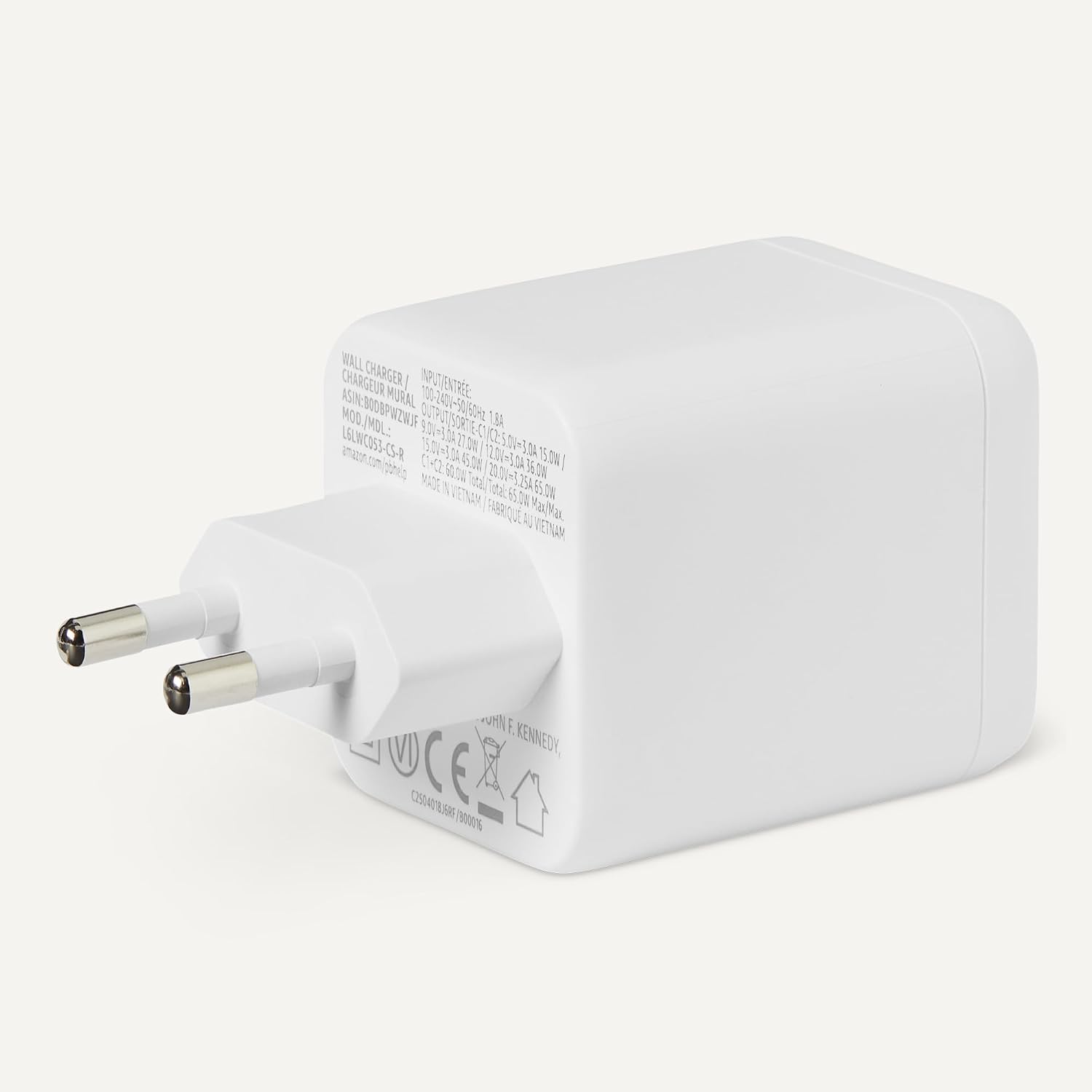 Detalle 2 de Amazon Basics USB-C-Wandladegerät mit Nano-GaN-Technologie und Schnellladen (65 W, 2 Anschlüsse, weiß)