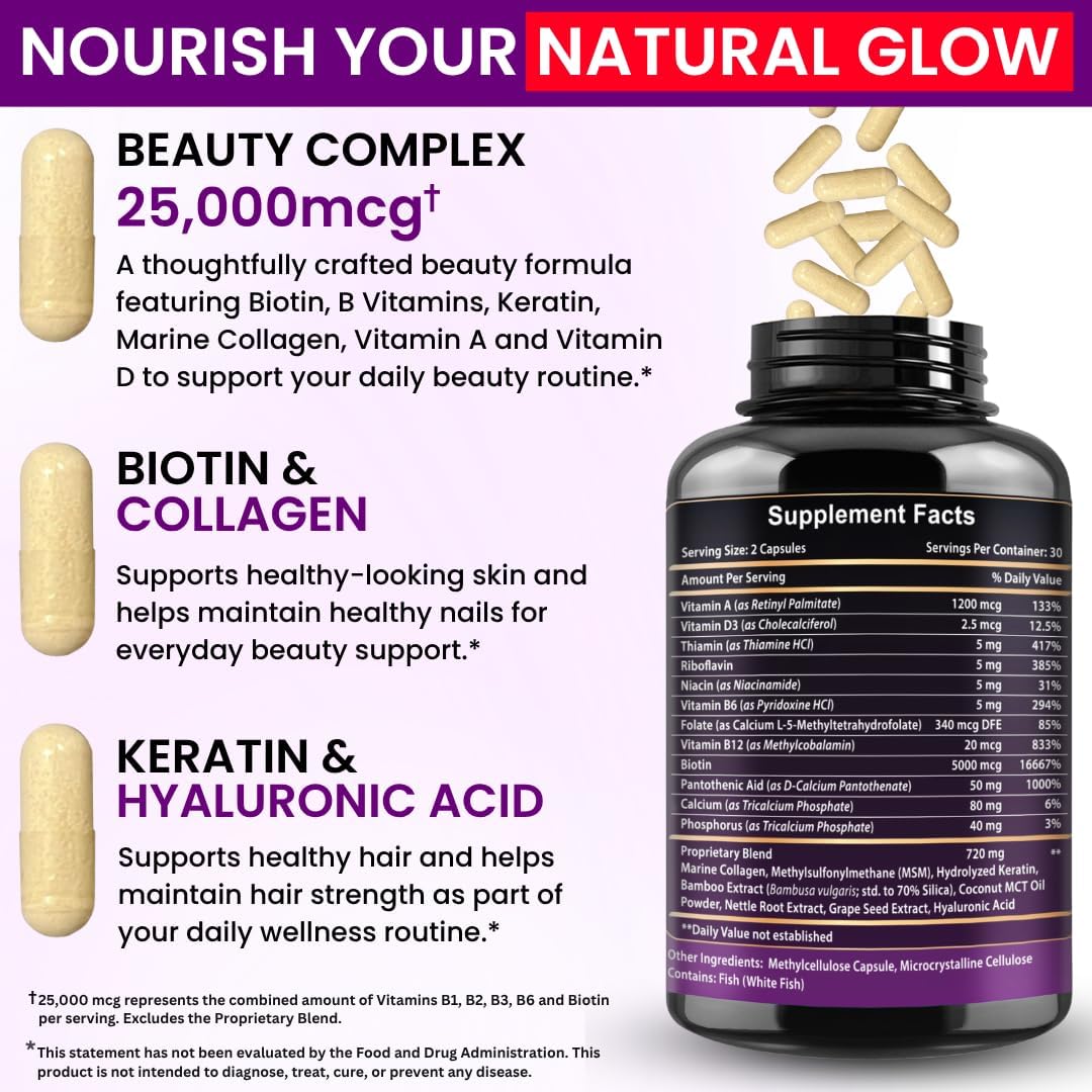 Detalle de VITBOOST Biotin Supplement with Hyaluronic Acid, Collagen & Keratin, 25,000 mcg, 60 Count