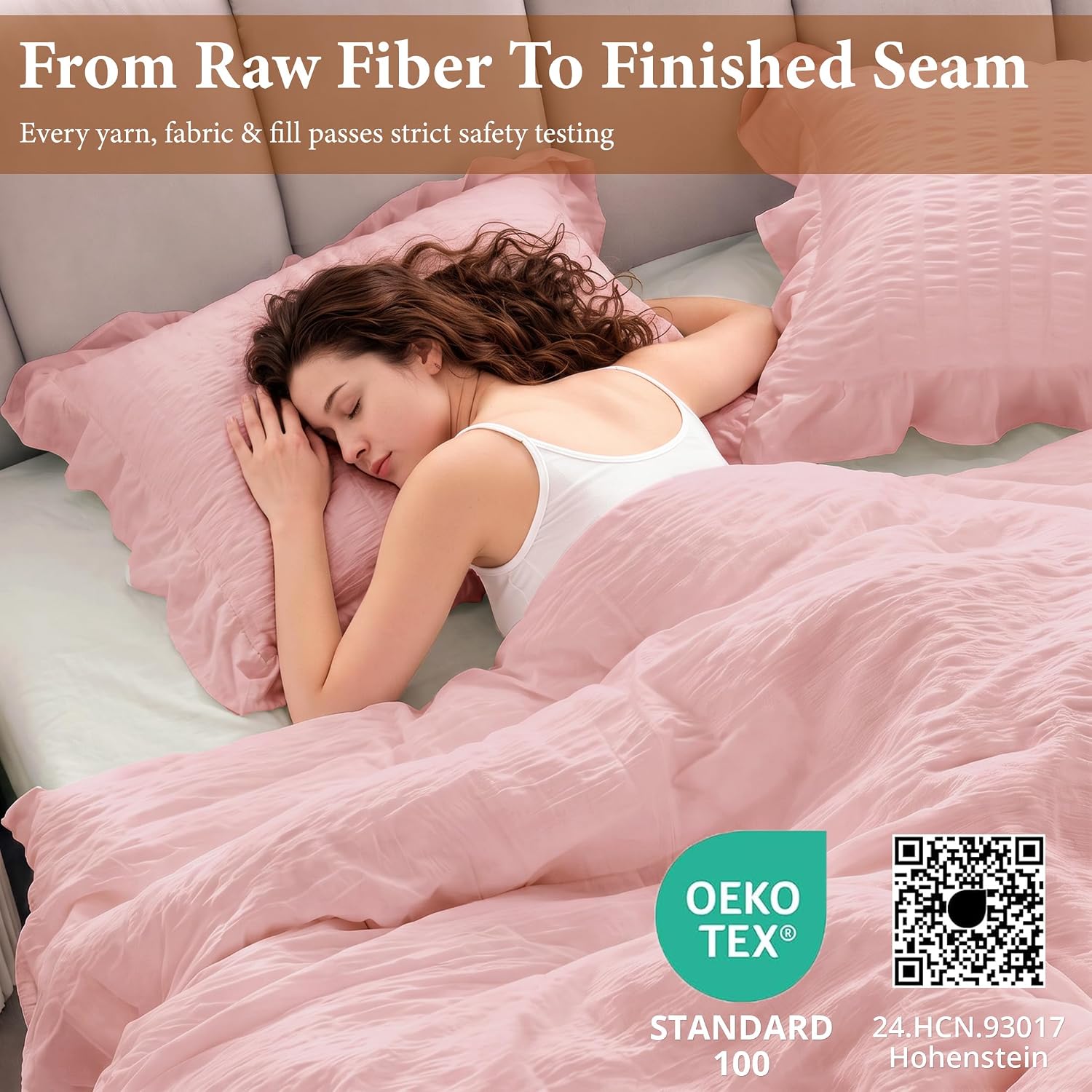 Detalle de JOLLYVOGUE Pink Seersucker Queen Comforter Set, 3 Pieces – Lightweight All-Season With Ruffle Details