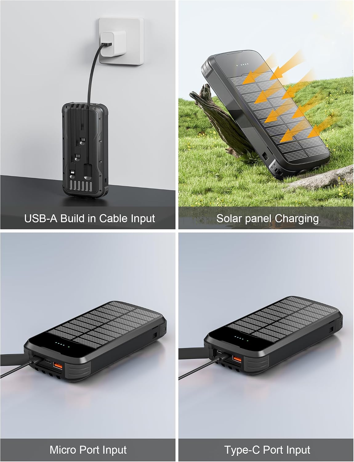 Detalle 2 de MINRISE 40,000mAh Solar Power Bank, 20W PD, Built-In Cables