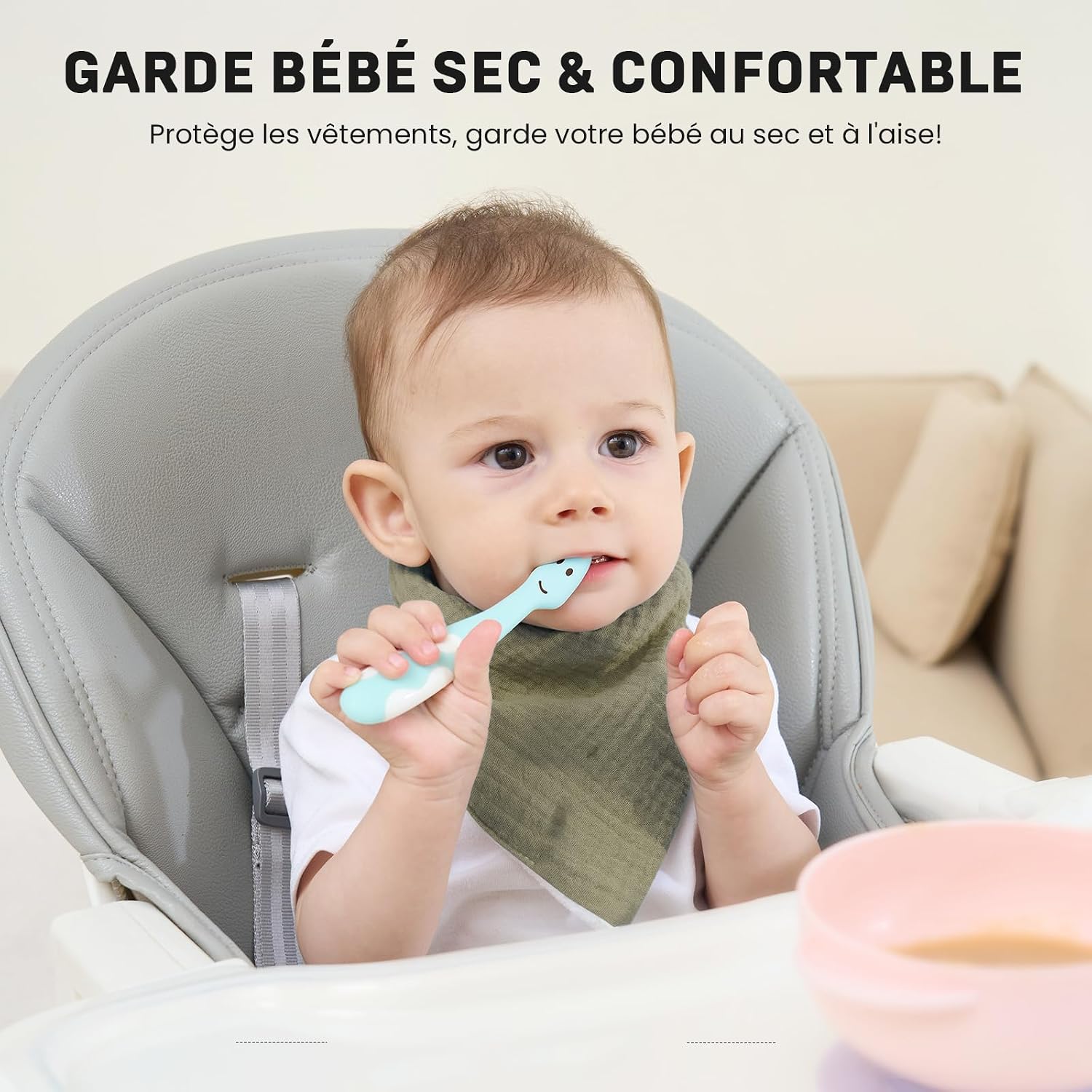 Thumbnail 1 de IKWOLETI Bavoirs Bébé Naissance Mousseline – Lot de 8 Bandana Bavoirs absorbants et ajustables