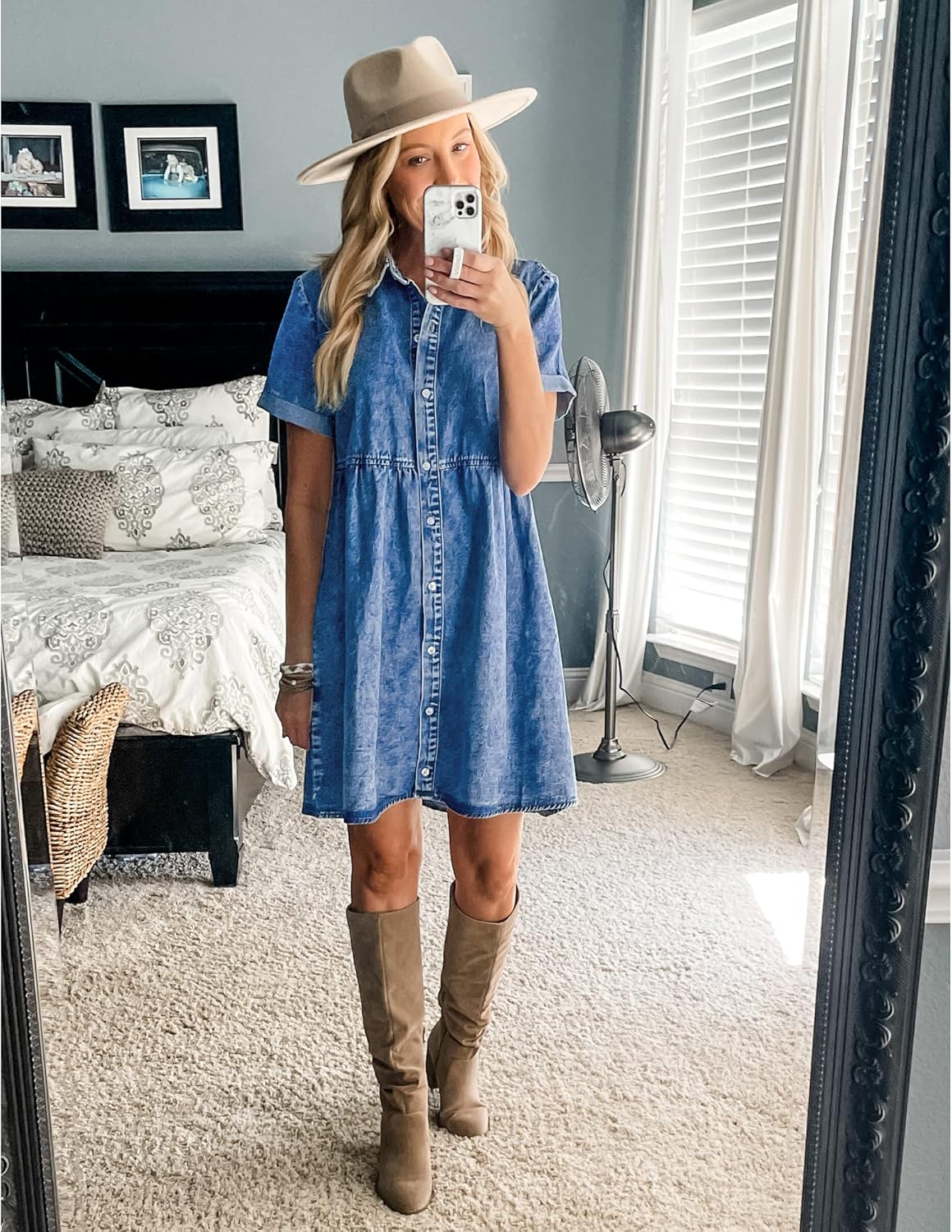 Thumbnail 5 de LookbookStore Women’s Short Sleeve Button Down Flowy Tiered Babydoll Denim Dress